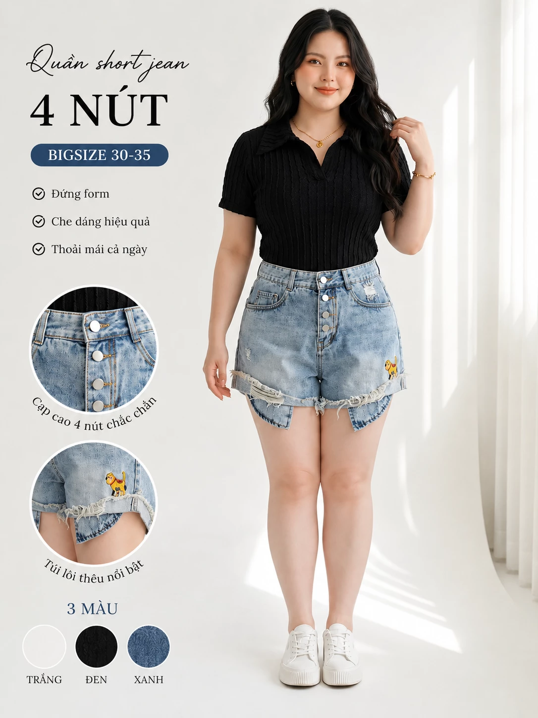 Ảnh mô tả quần short jean bigsize T-QSJ1320 4 nút cạp cao túi lồi thêu cún 3 màu