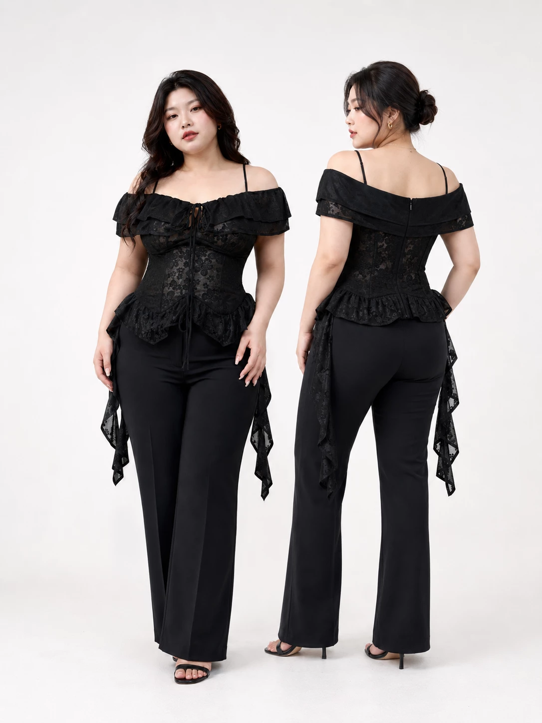 Áo kiểu trễ vai ren hoa tua rua bigsize AK119 màu đen phối với dáng nữ bigsize