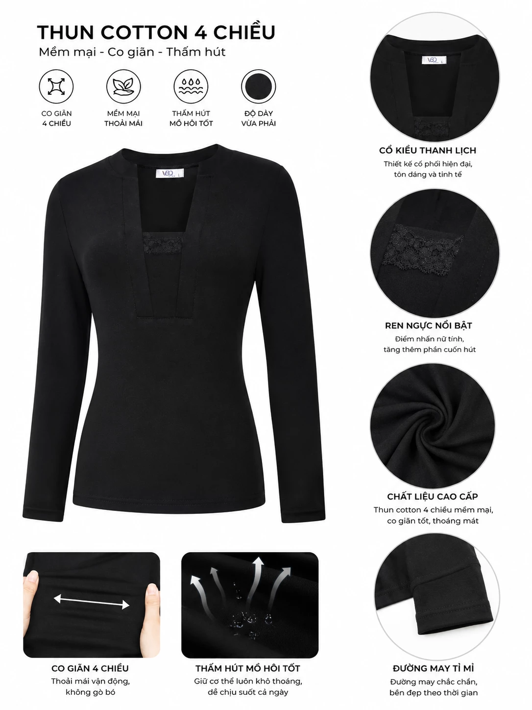 Infographic chất thun cotton 4 chiều, cổ kiểu và ren ngực áo V-AK095