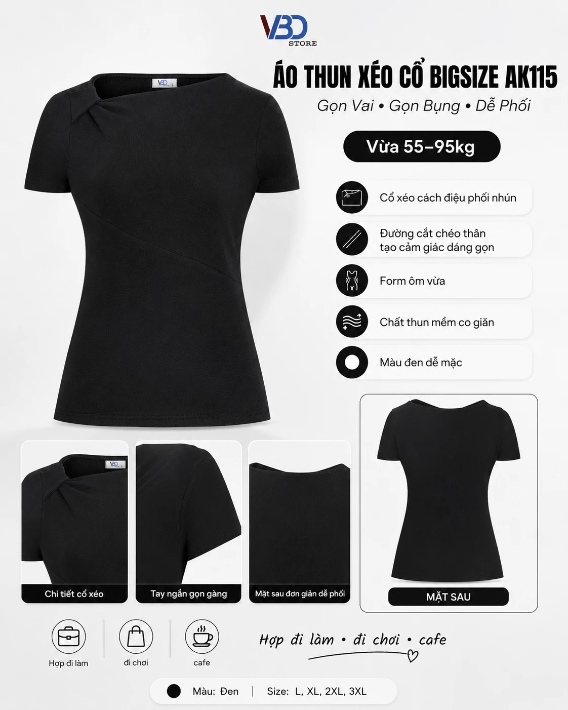 Infographic áo thun xéo cổ bigsize AK115 vừa 55-95kg gọn vai gọn bụng dễ phối