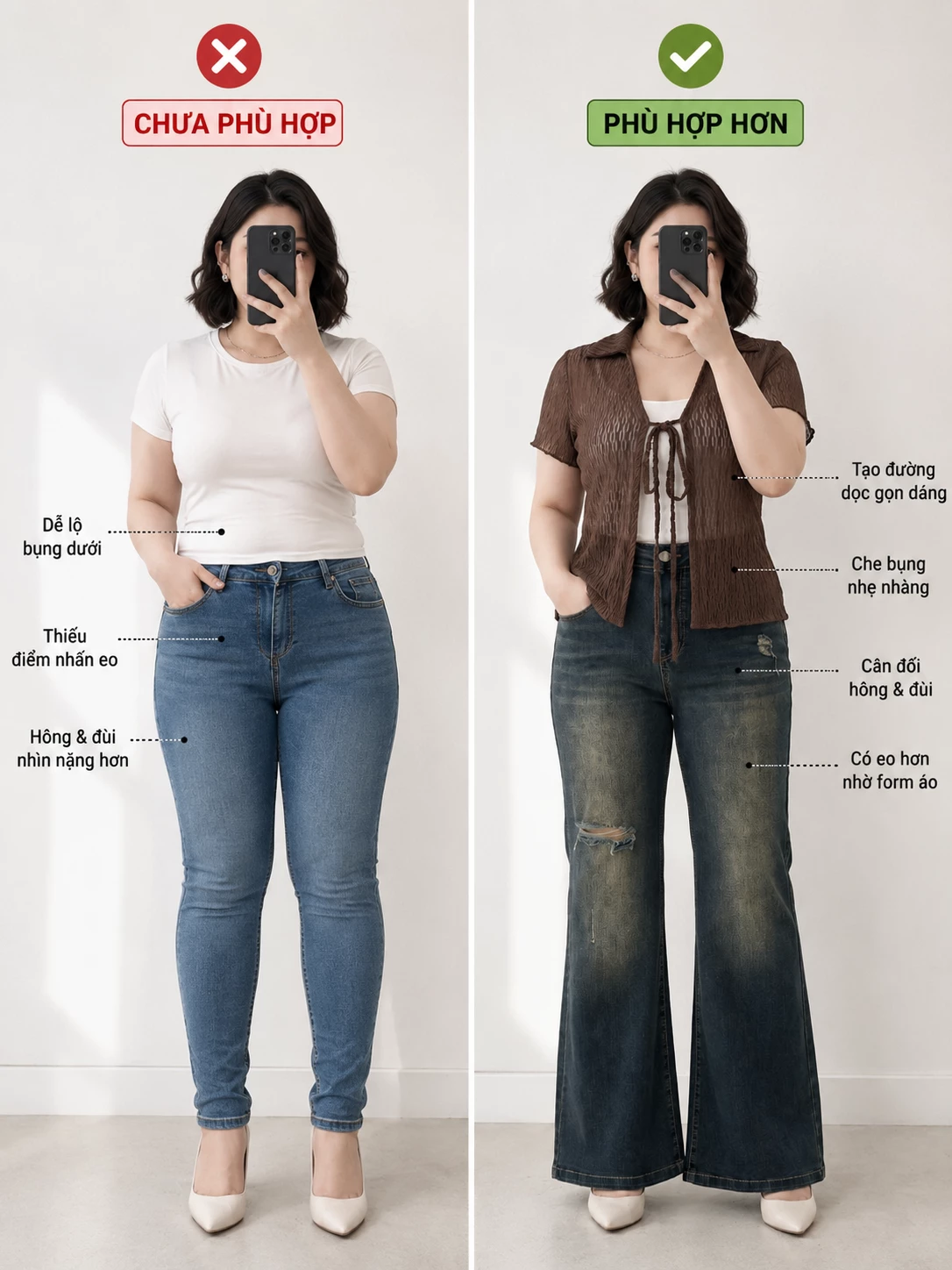 So sánh cách phối áo thun trơn và áo thun xoắn họa tiết bigsize V-AK112 giúp dáng nhìn gọn hơn