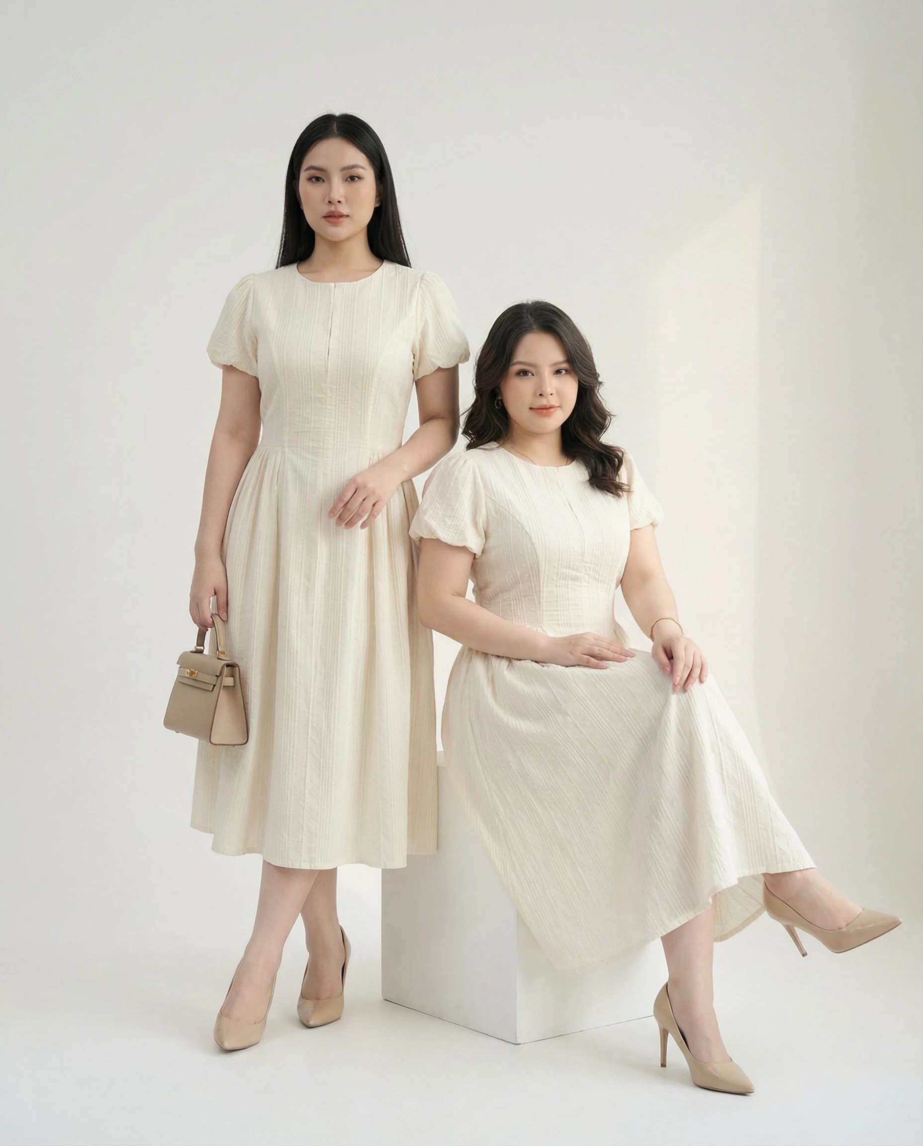 Đầm dáng dài bigsize DA154 kem vàng lên form studio cho nàng chubby
