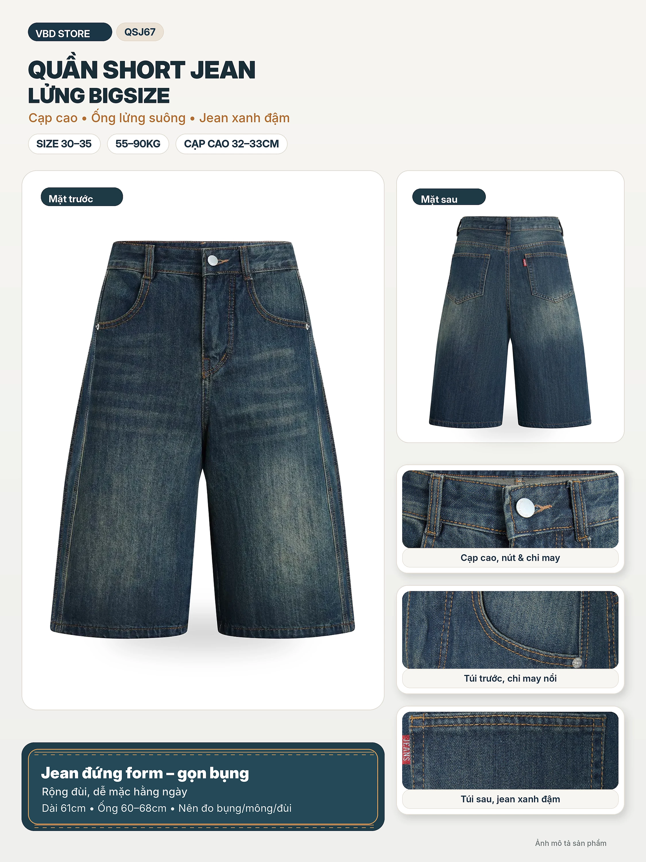 Quần short jean lửng bigsize QSJ67 xanh đậm với mặt trước, mặt sau, cạp và túi