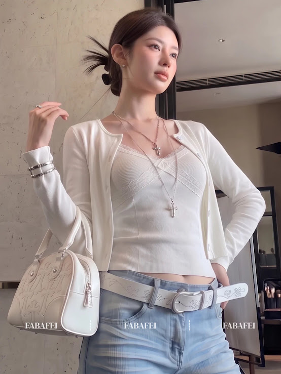 Lucas - Set áo 2 dây viền ren ngực đính nơ + áo khoác cardigan cài cúc_thumbnail_3