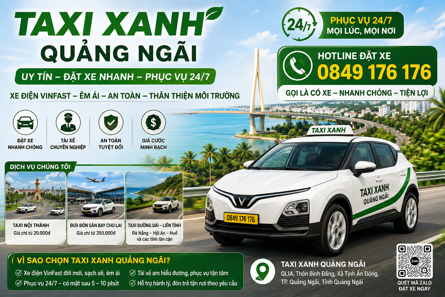 Taxi Xanh Quảng Ngãi: Uy Tín, Đặt Xe Nhanh, Phục Vụ 24/7