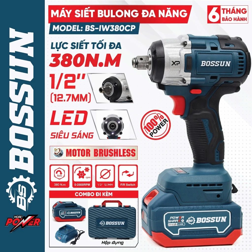 Máy siết Bulong Bossun BS-IW380CP –Máy siết Bulong lực 380N- Động cơ không than - Không chổi than - Đầu đa năng 12,7mm - Giá rẻ_thumbnail_2