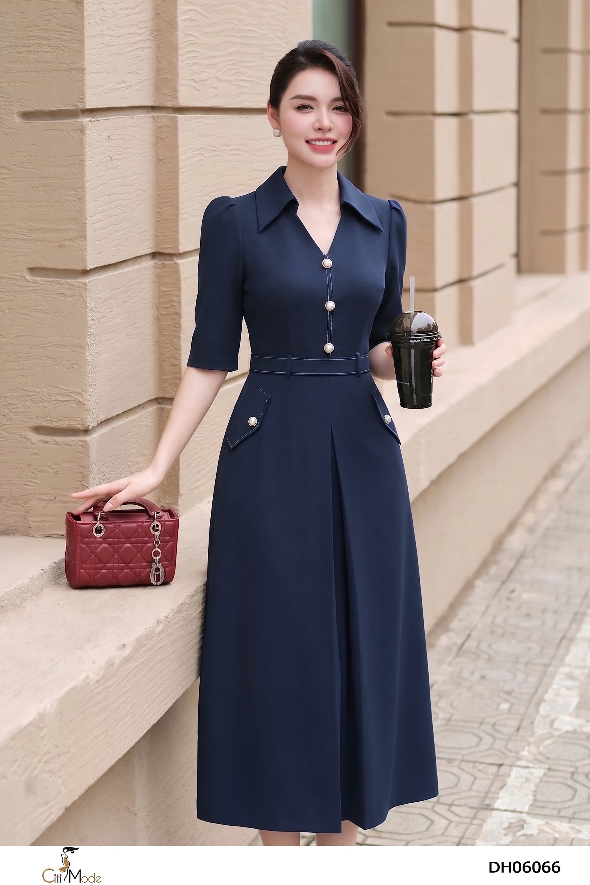 Đầm dáng A xanh đen giả túi cổ đức tay lỡ