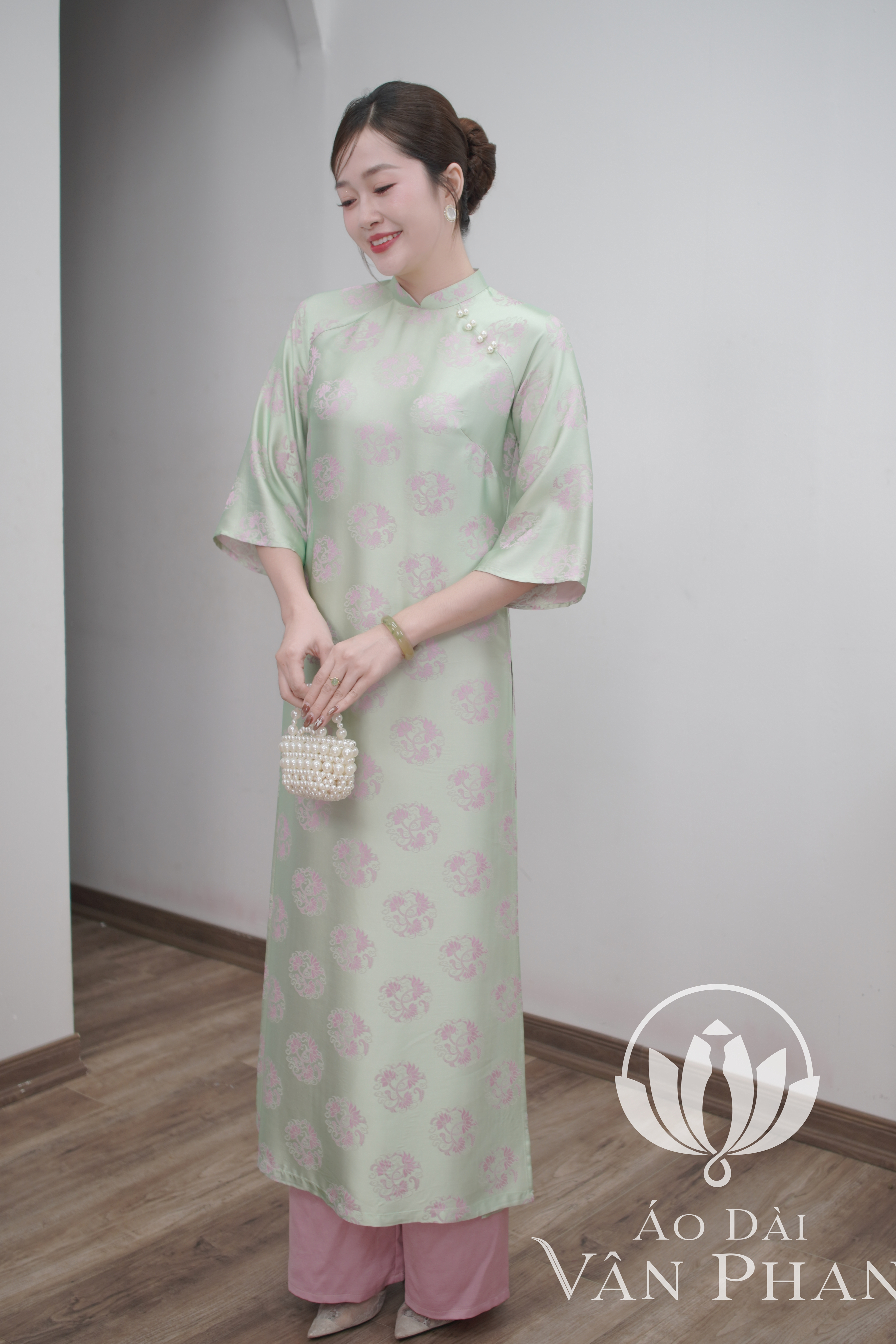 CT406 áo dài cách tân cổ 2p tay loe tơ tằm xanh ngọc_thumbnail_2