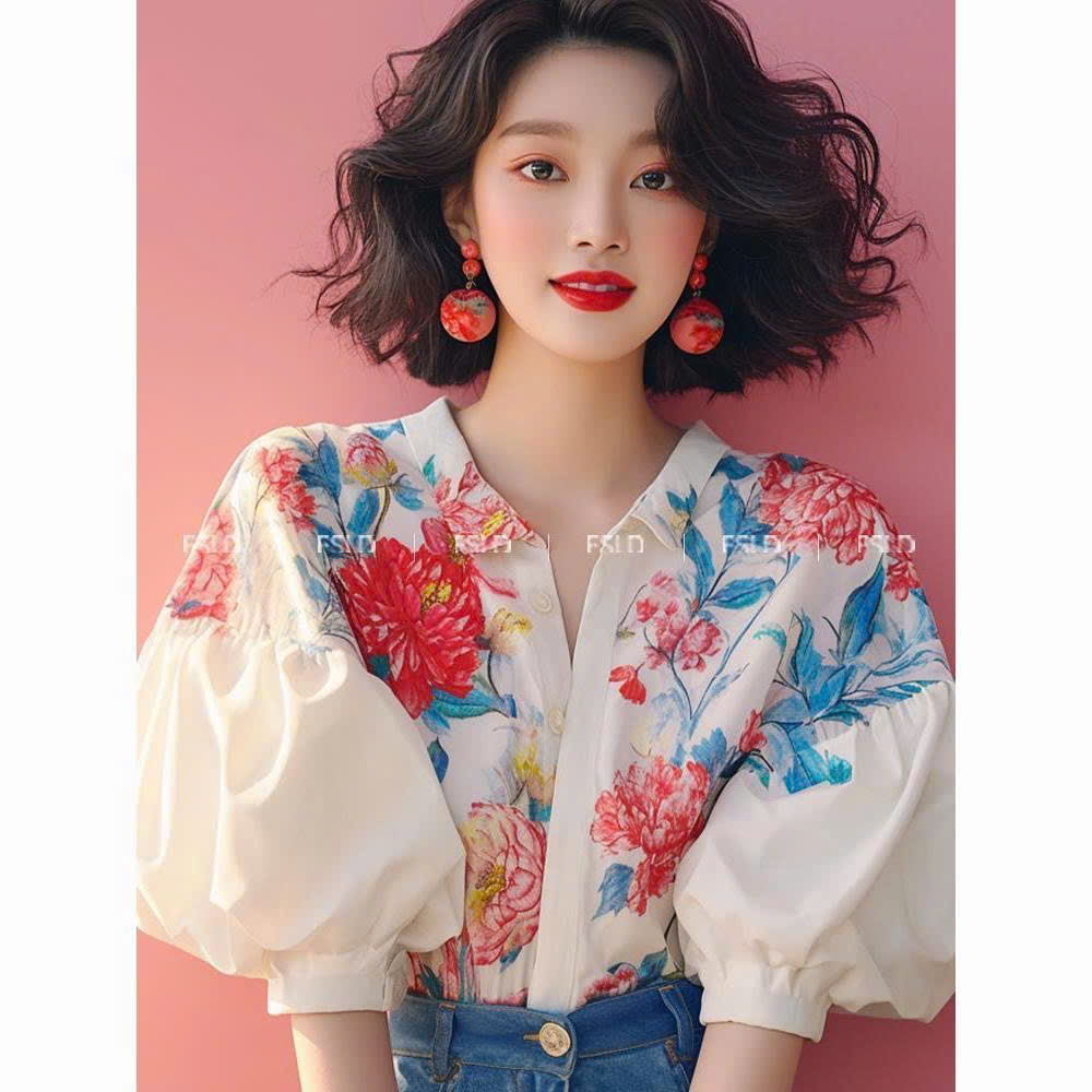 MS XD0404348: Áo sơ mi hoa tay bồng