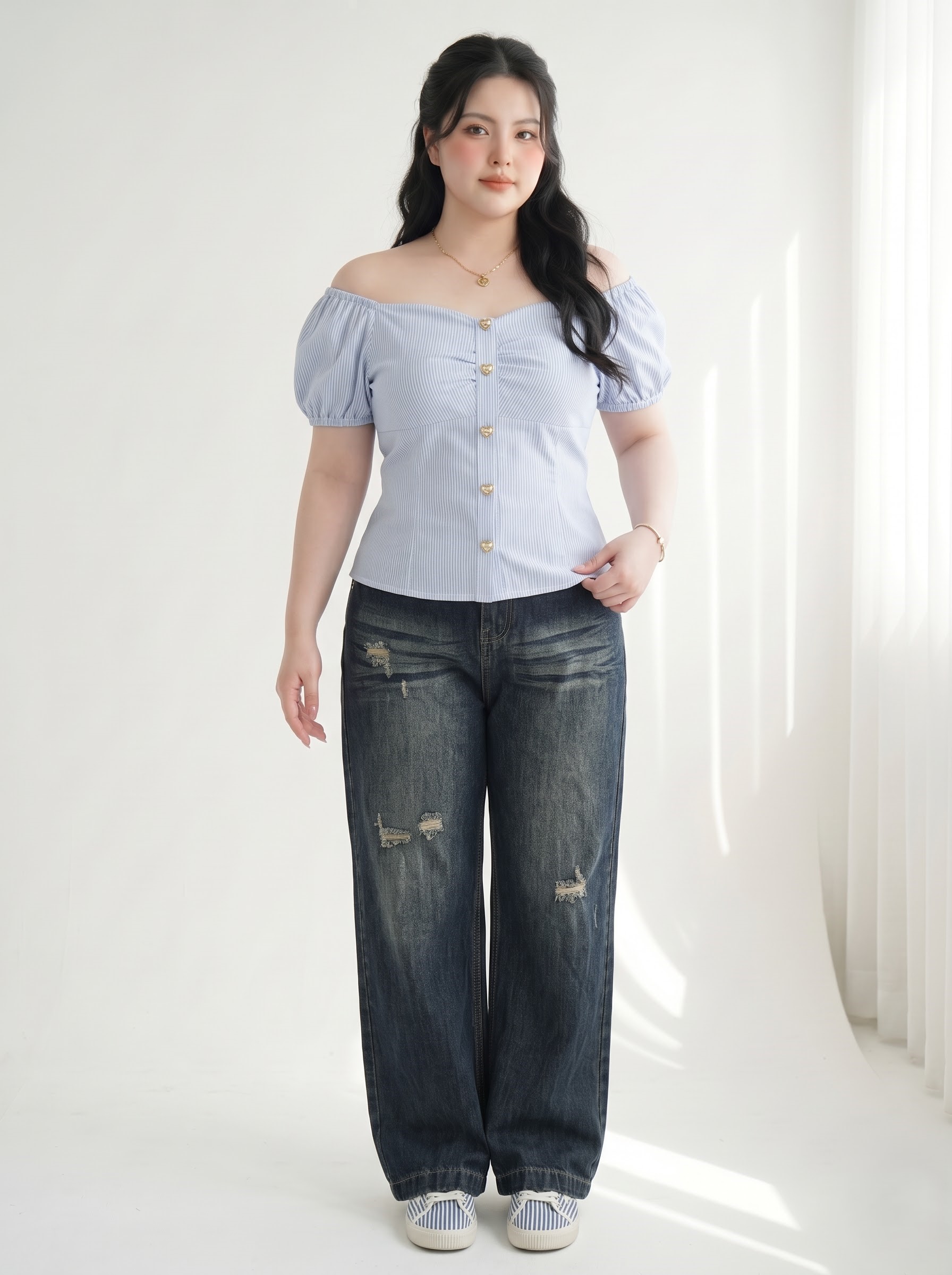 Quần Jean Suông Lưng Thun Bigsize Không Co Giãn Wash Xanh Nhạt/Xanh Đậm - Vừa 58–90kg - T-QJ635_thumbnail_2
