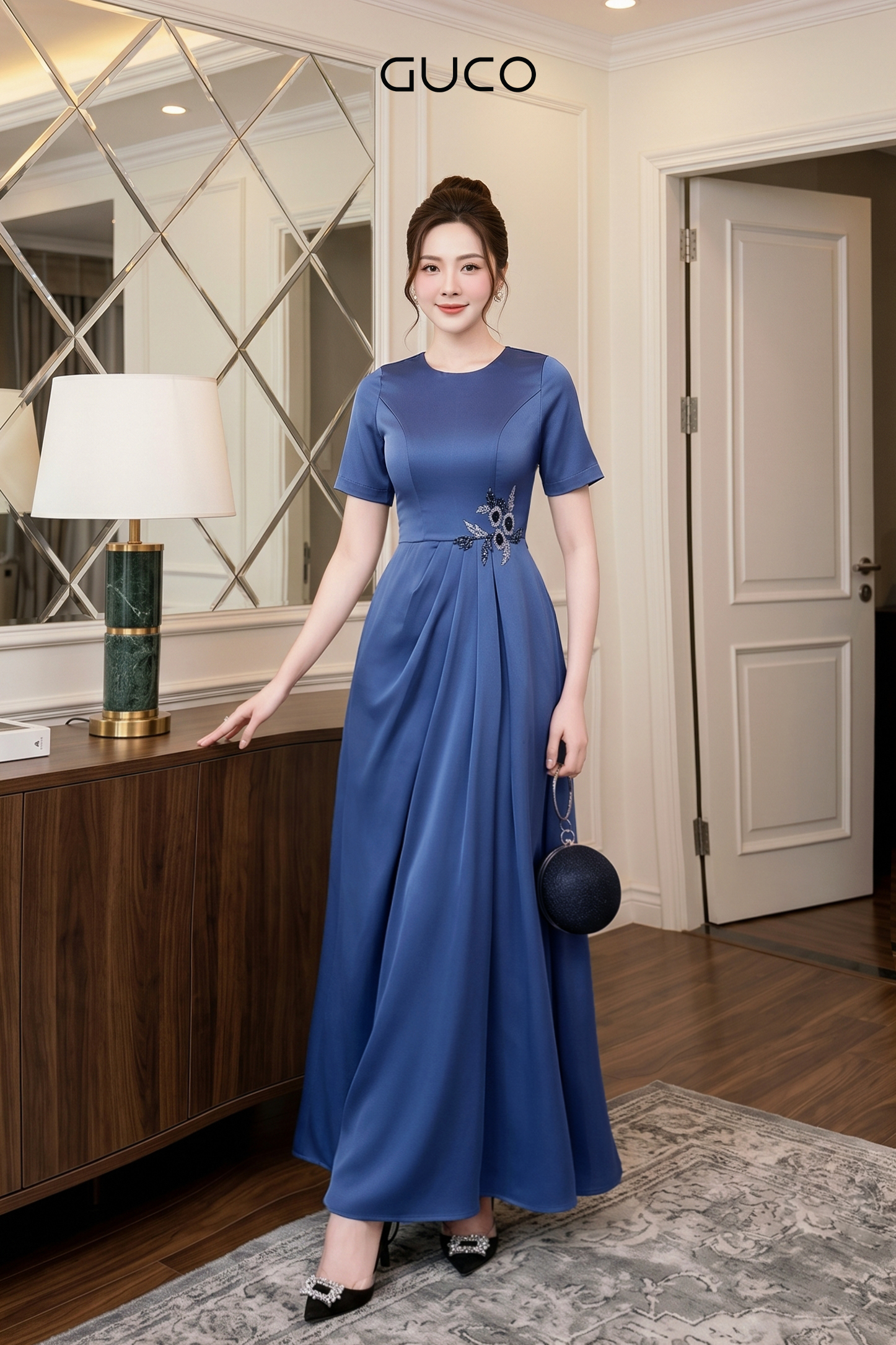 Đầm Dạ Hội Xanh Xếp Ly Eo Đính Đá