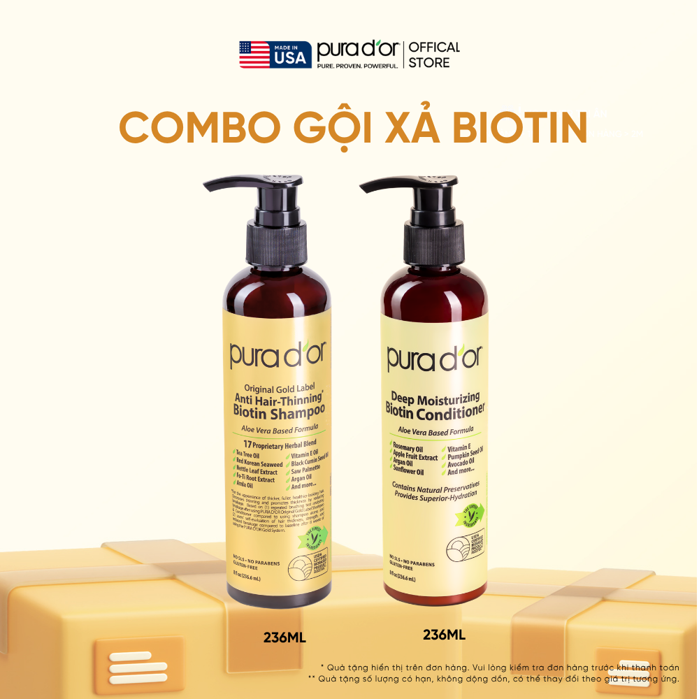 Combo Gội - Xả Biotin Pura D'or Original Gold Label & Deep Moisturizing Chăm Sóc Da Đầu, Dưỡng Ẩm Chuyên Sâu 236ml