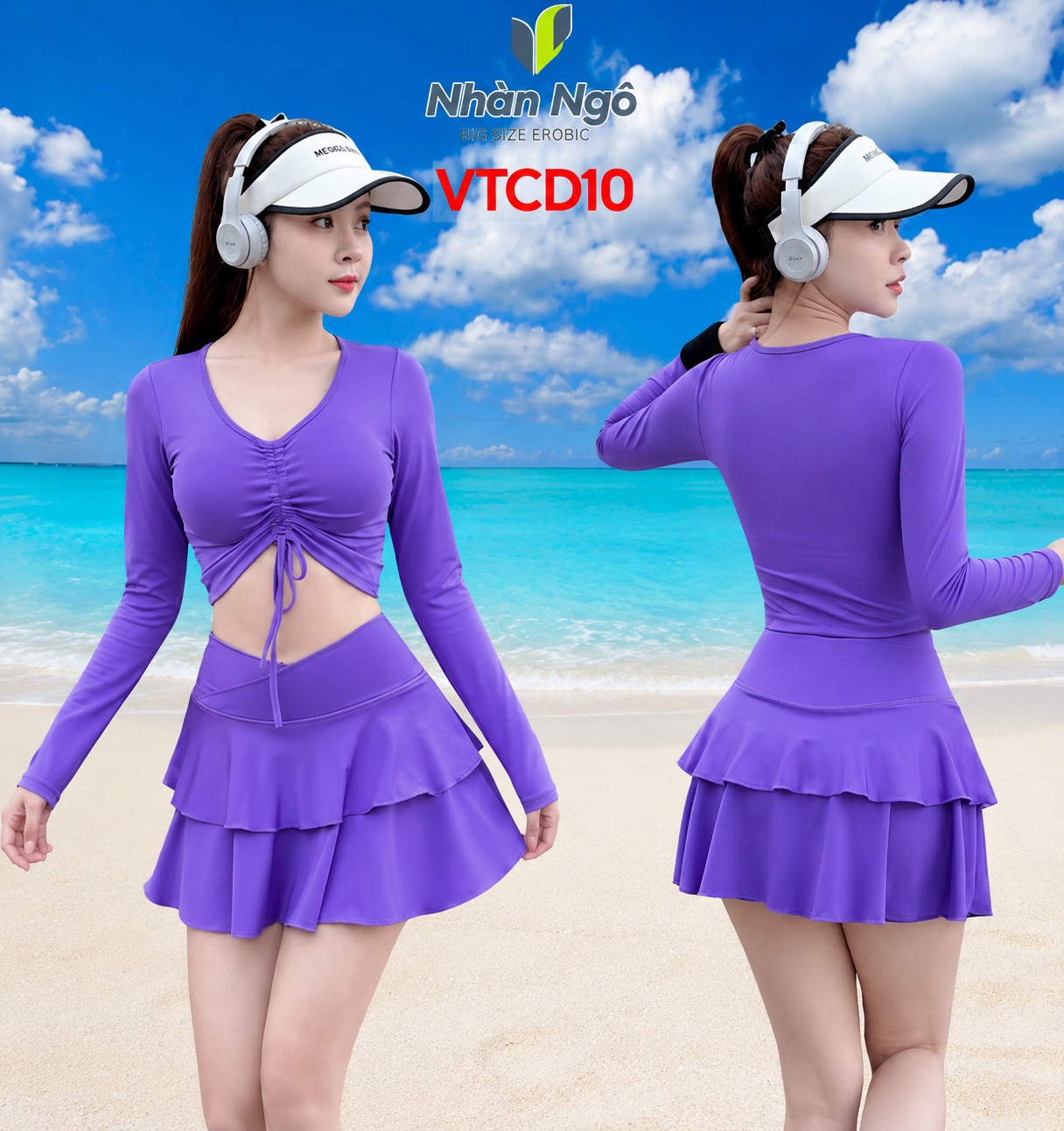 Bộ Đồ Bơi, Đồ Tập Aerobic Nữ - Áo Croptop Dài Tay Rút Dây Ngực Kèm Chân Váy Tầng Có Quần Bảo Hộ._thumbnail_2