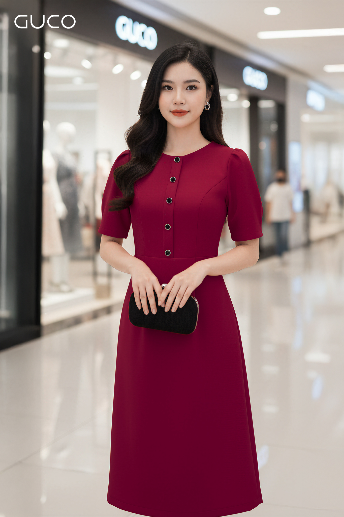 ĐẦM  A CỔ TRÒN ĐÍNH NÚT - ĐỎ