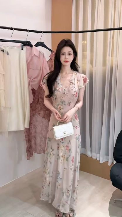 Lucas - Váy hoa cổ tim tay bèo chéo ngực chân xòe dáng maxi
