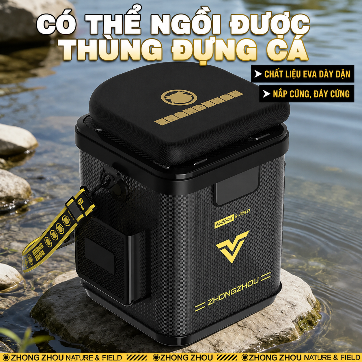 Thùng Câu Cá Mini Black Warrior Cao Cấp – Carbon EVA 21–22L Chống Nước, Ngồi Được, Siêu Bền