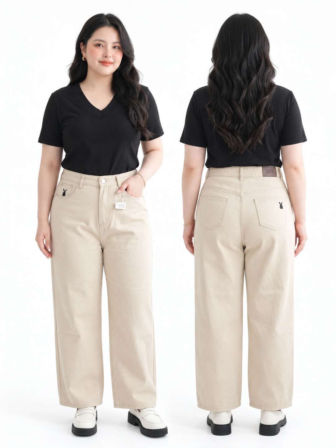 Người mẫu bigsize mặc quần jean ống suông T-QJ5045 màu trắng ở góc trước, nghiêng và sau