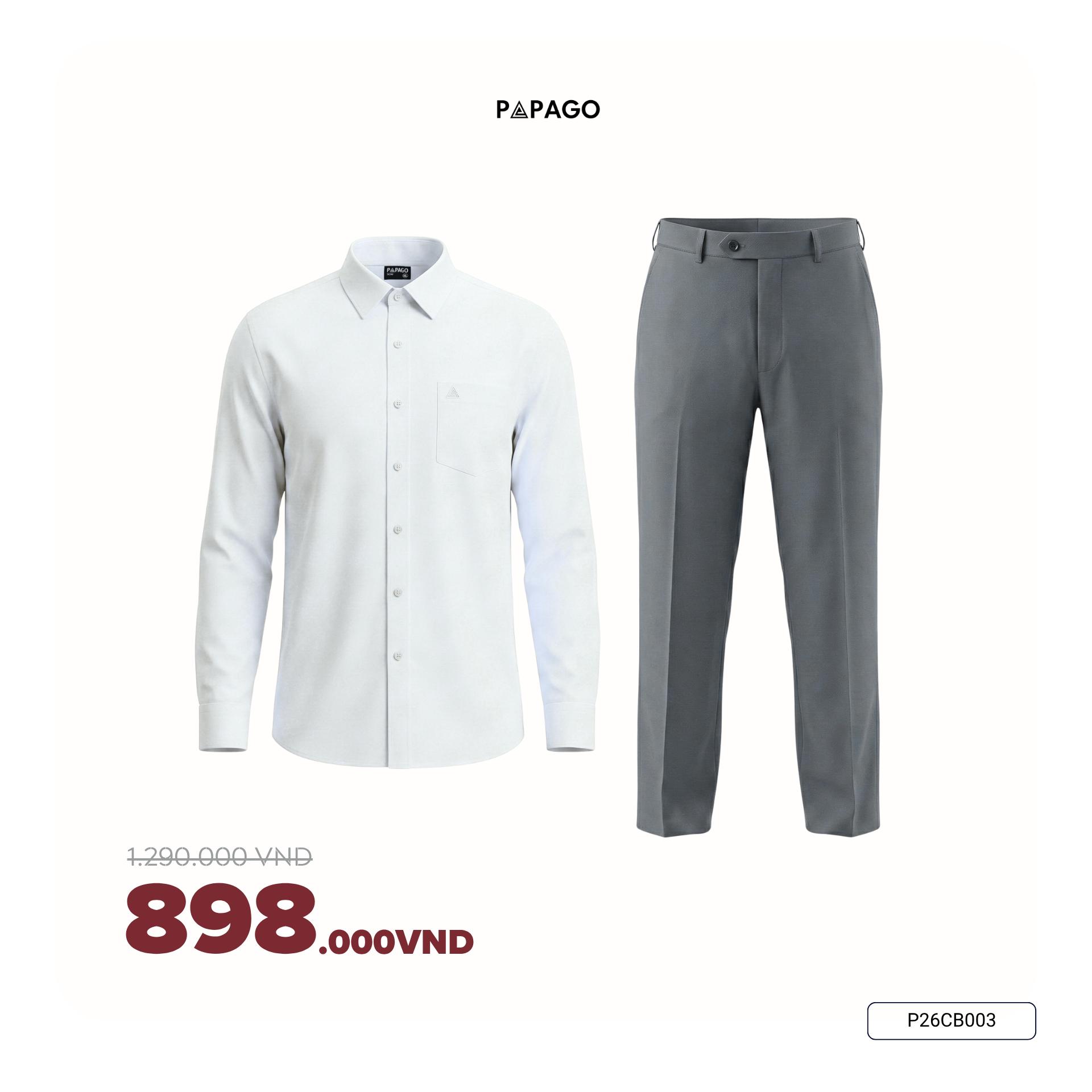 [Tặng Áo] Combo Áo Sơ Mi Nam Trắng Đen Vải Lụa & Quần Âu Vải Poly Trung Niên PAPAGO - P26CB003