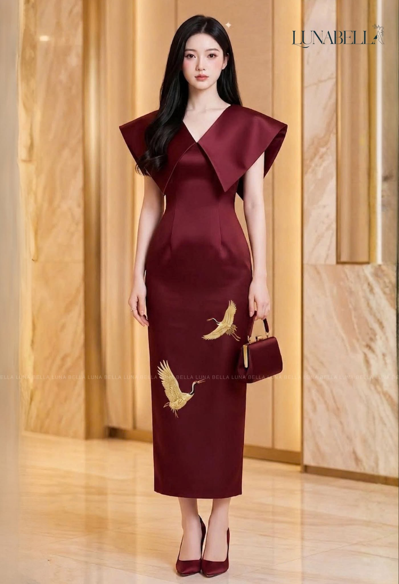 Váy midi dài cổ choàng VESSA thêu màu ĐỎ
