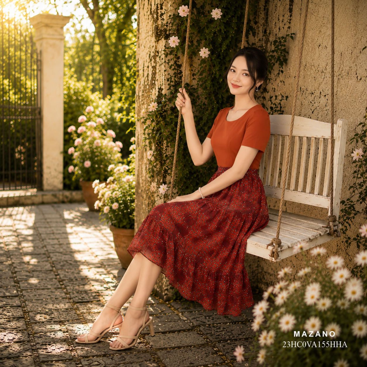 Váy Đầm Ôm Vải thun phối voan Hoạ tiết hoa in Cổ tròn Tay ngắn Dài ngang bắp chân_thumbnail_3