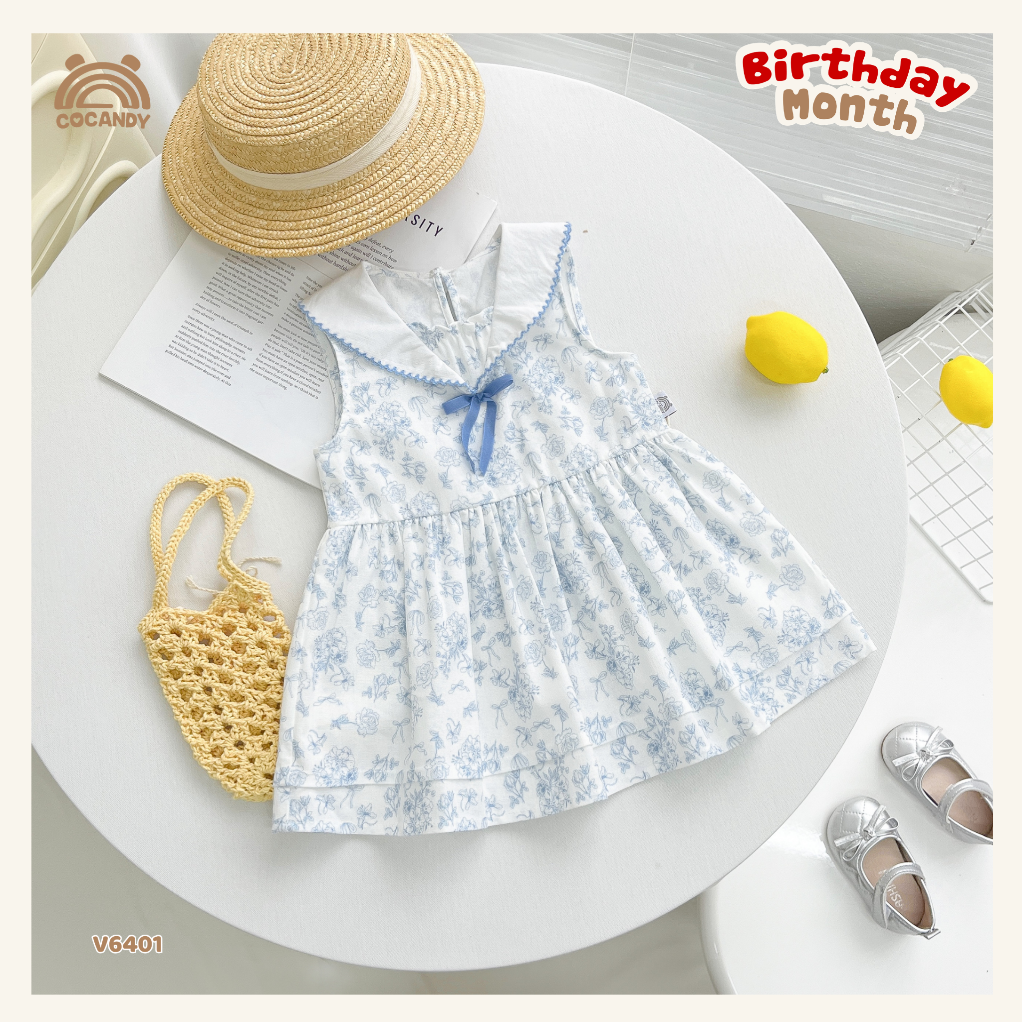 Váy sát nách linen TRẮNG hoa nhí xanh cổ nơ
