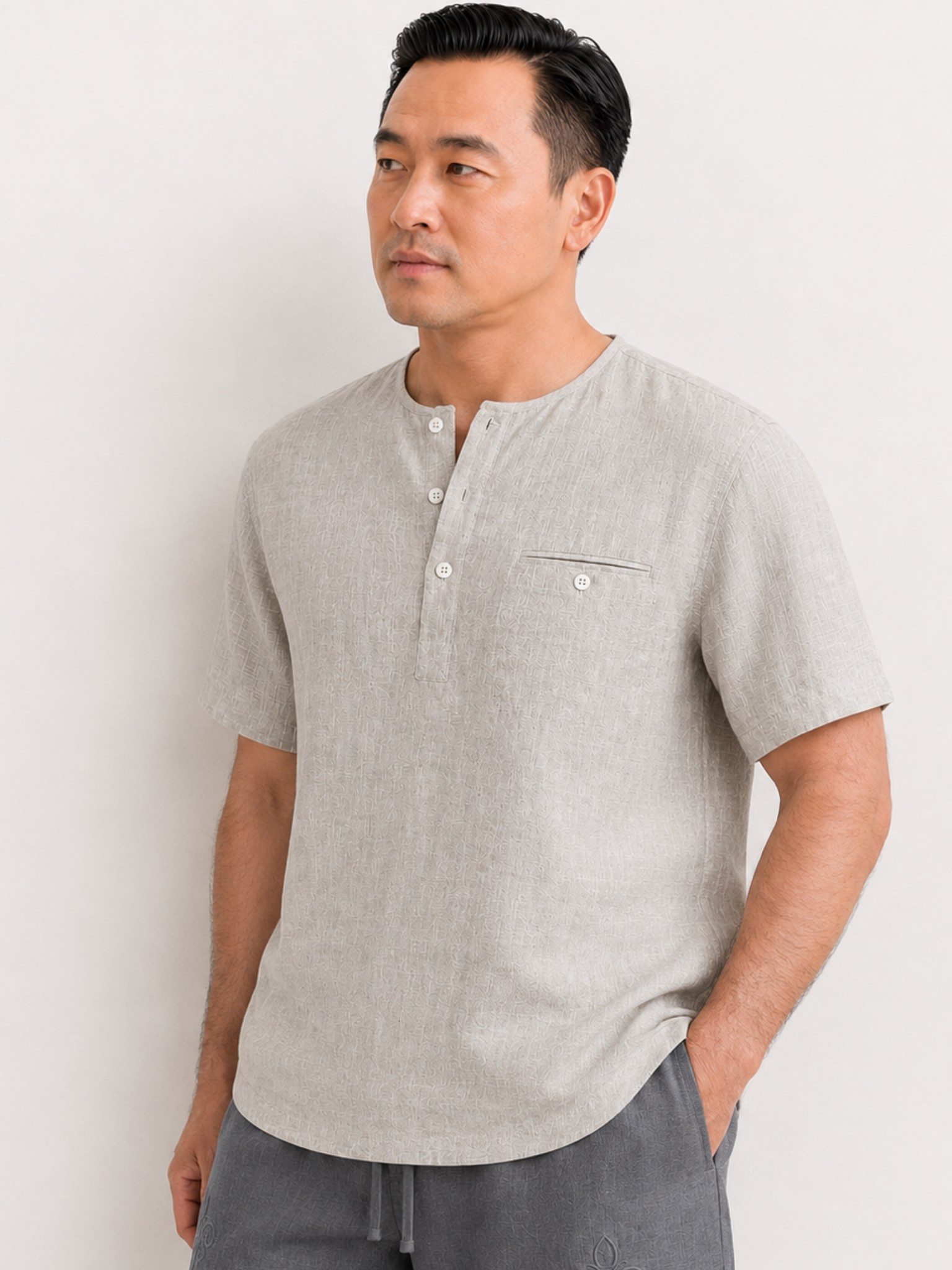 100% PREMIUM LINEN - ÁO CỔ TRÒN NẸP TRỤ - Vạt Ngang Túi Ngực_thumbnail_4