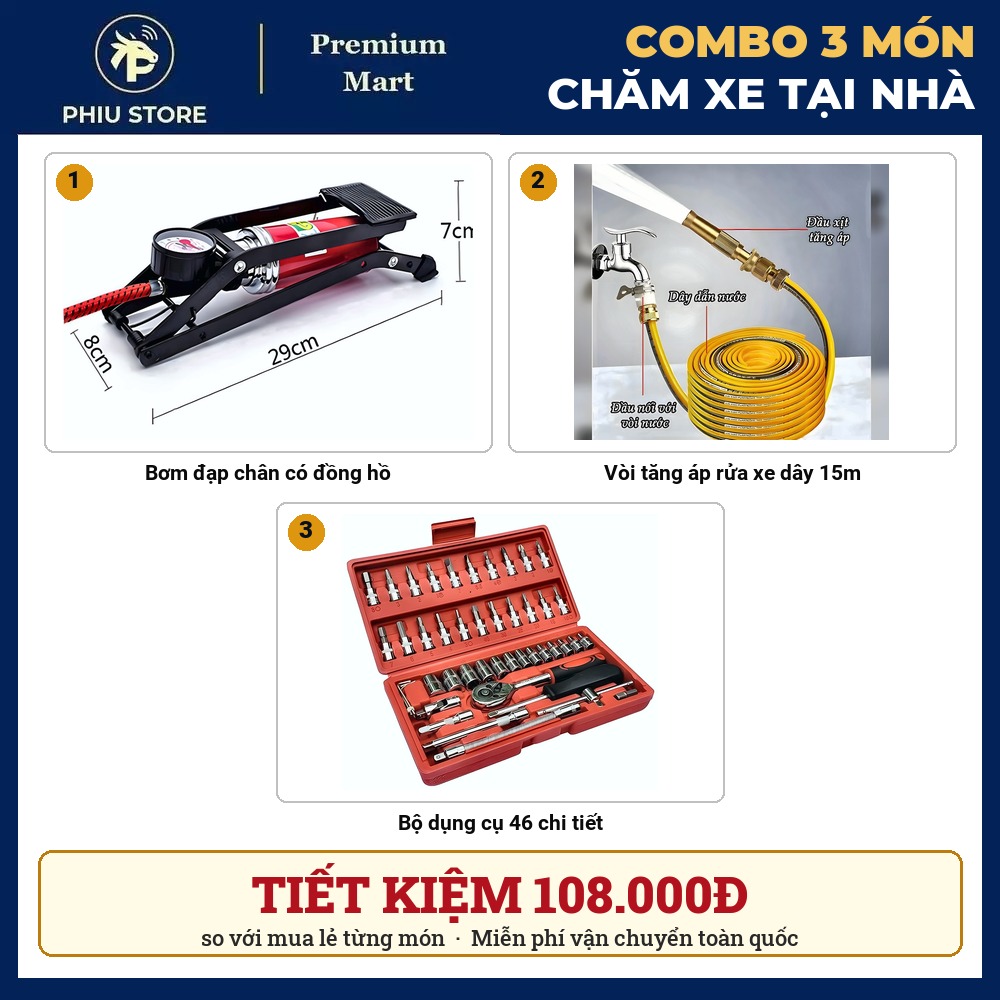 Combo Chăm Xe Tại Nhà 3 Món - Bơm Đạp Chân Có Đồng Hồ, Vòi Tăng Áp Rửa Xe 15m, Bộ Dụng Cụ 46 Chi Tiết