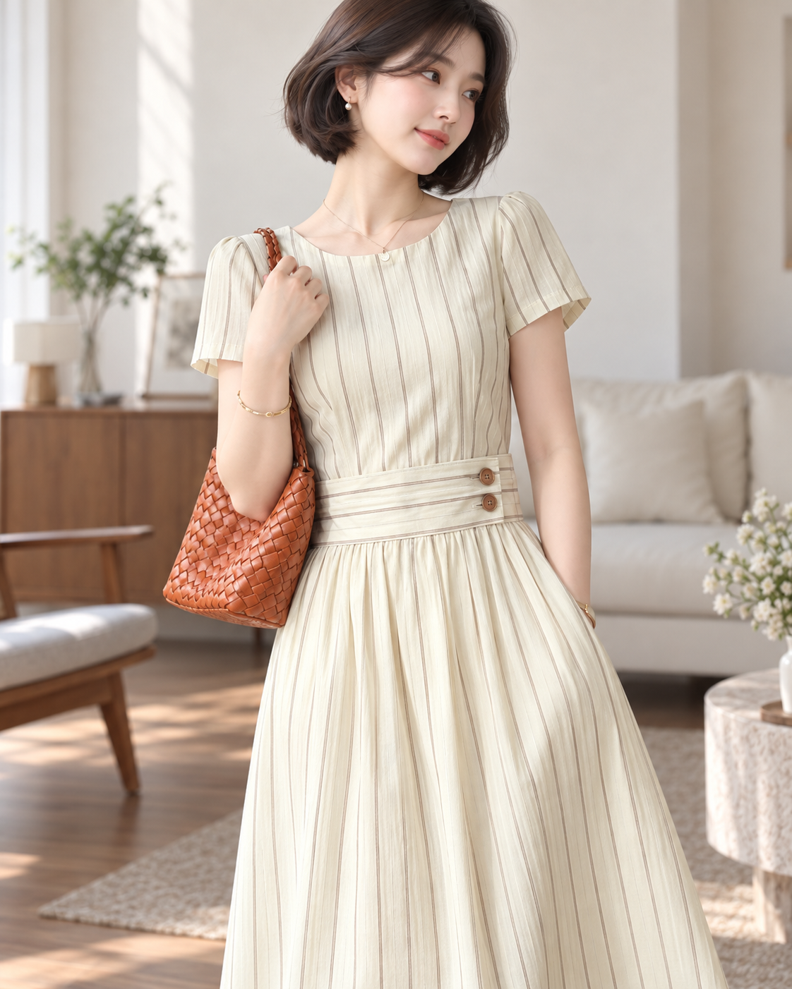 Đầm Kem Kẻ Sọc Nhấn Eo Dáng Xòe Thanh Lịch - MV073_thumbnail_2
