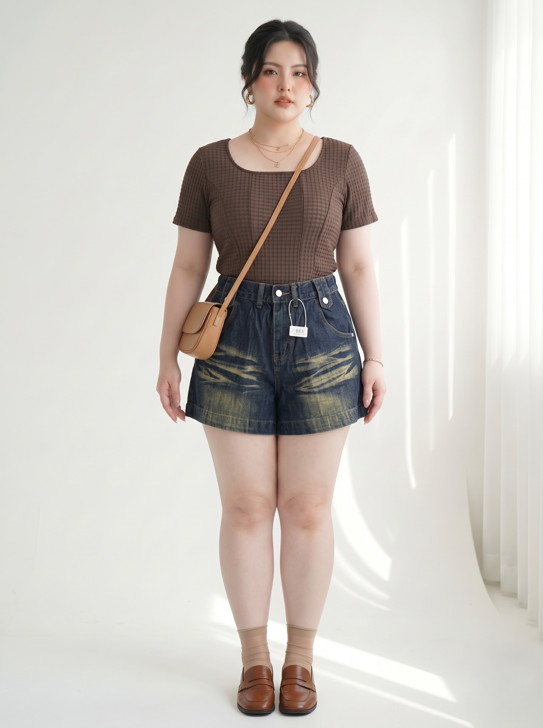 Quần Short Jean Ép Đá Chữ Lưng Thun Lưng Cao Bigsize Nữ - Xanh Nhạt, Xanh Đậm - Vừa 55–90kg - T-QSJ1336