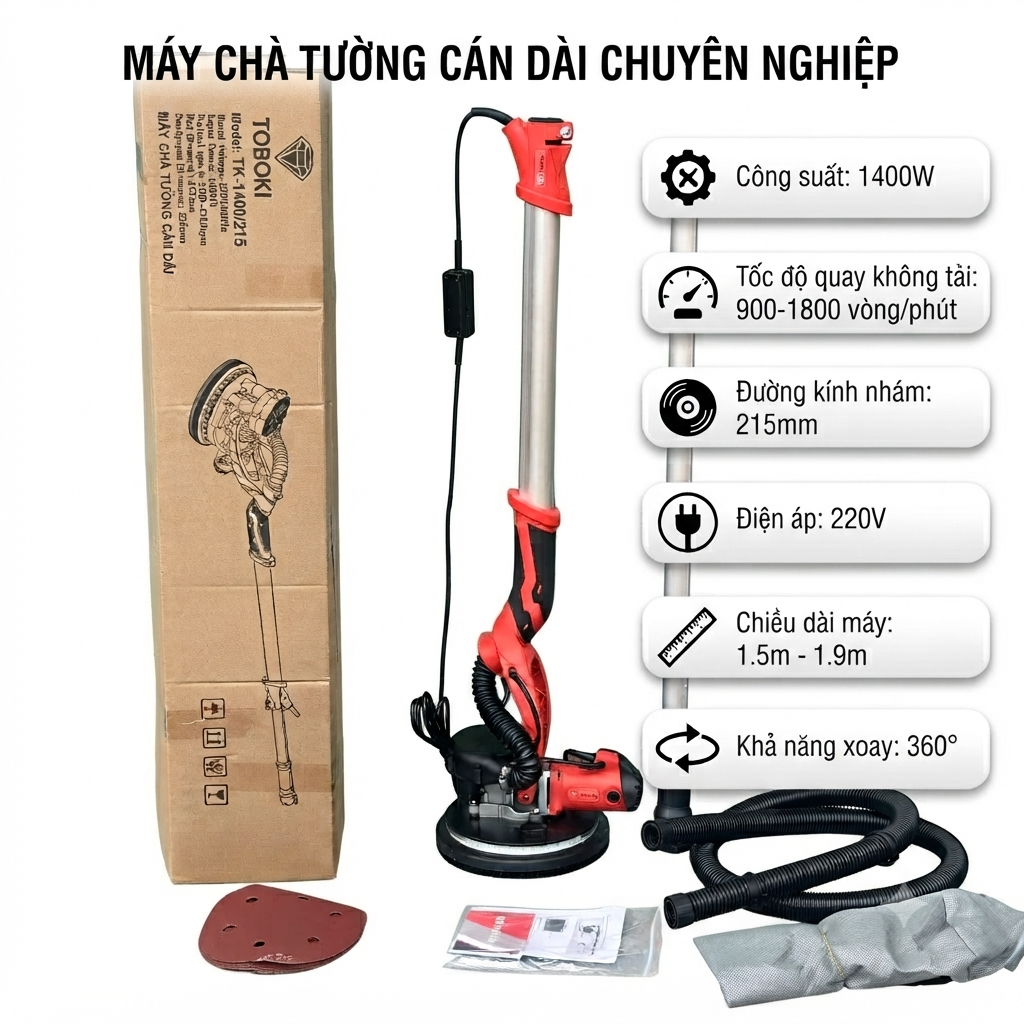 Máy chà tường tay dài TOBOKI - Máy xoa tường công suất 1400W - hút bụi có đèn led & cán dài 1.9m - Giá rẻ_thumbnail_9