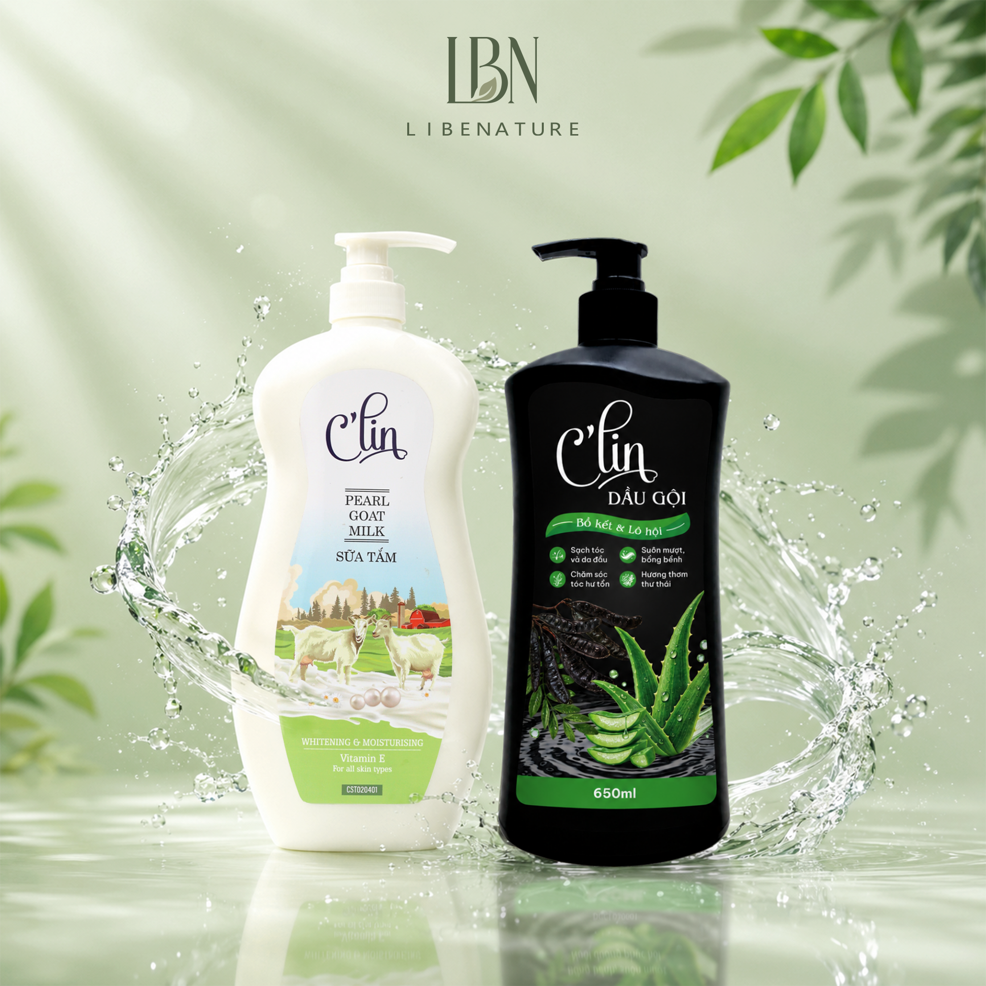 Combo Dầu gội C'lin Bồ kết & Lô hội 650ml & Sữa tắm C'lin Sữa dê ngọc trai 500ml
