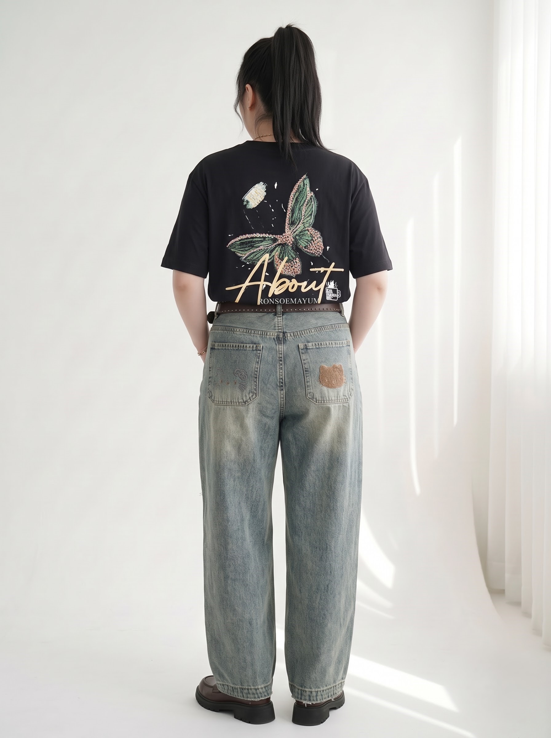 Quần Jean Boy Thụng Thêu Mèo Bigsize Ống Rộng - Xanh Đậm, Xanh Nhạt - Vừa 55–90kg - T-QJ629_thumbnail_1