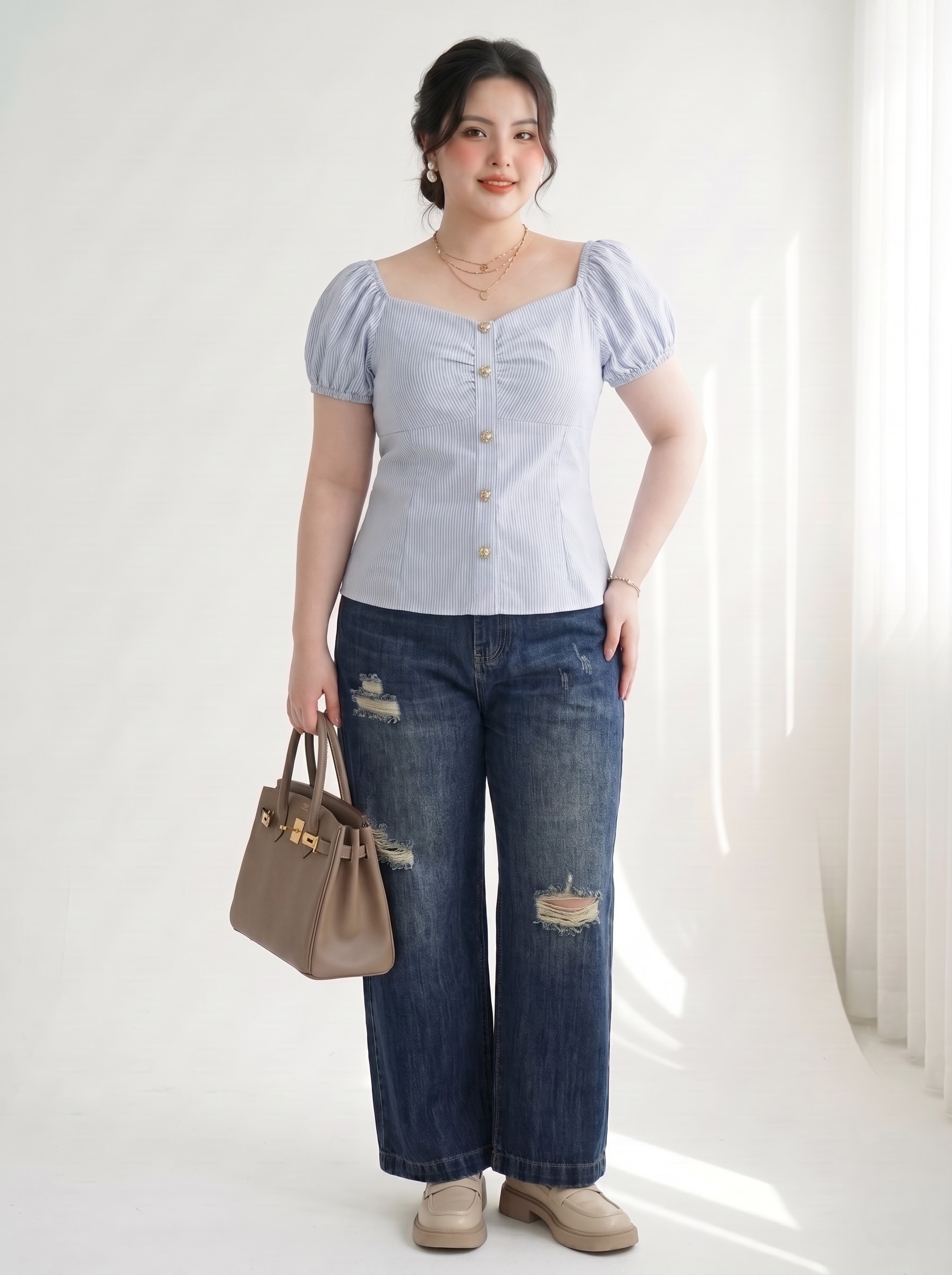 Quần Jean Suông Nấm Ống Rộng Bigsize Lưng Cao Dài 97cm - Rêu Khói - Vừa 55–90kg - T-QJ5055