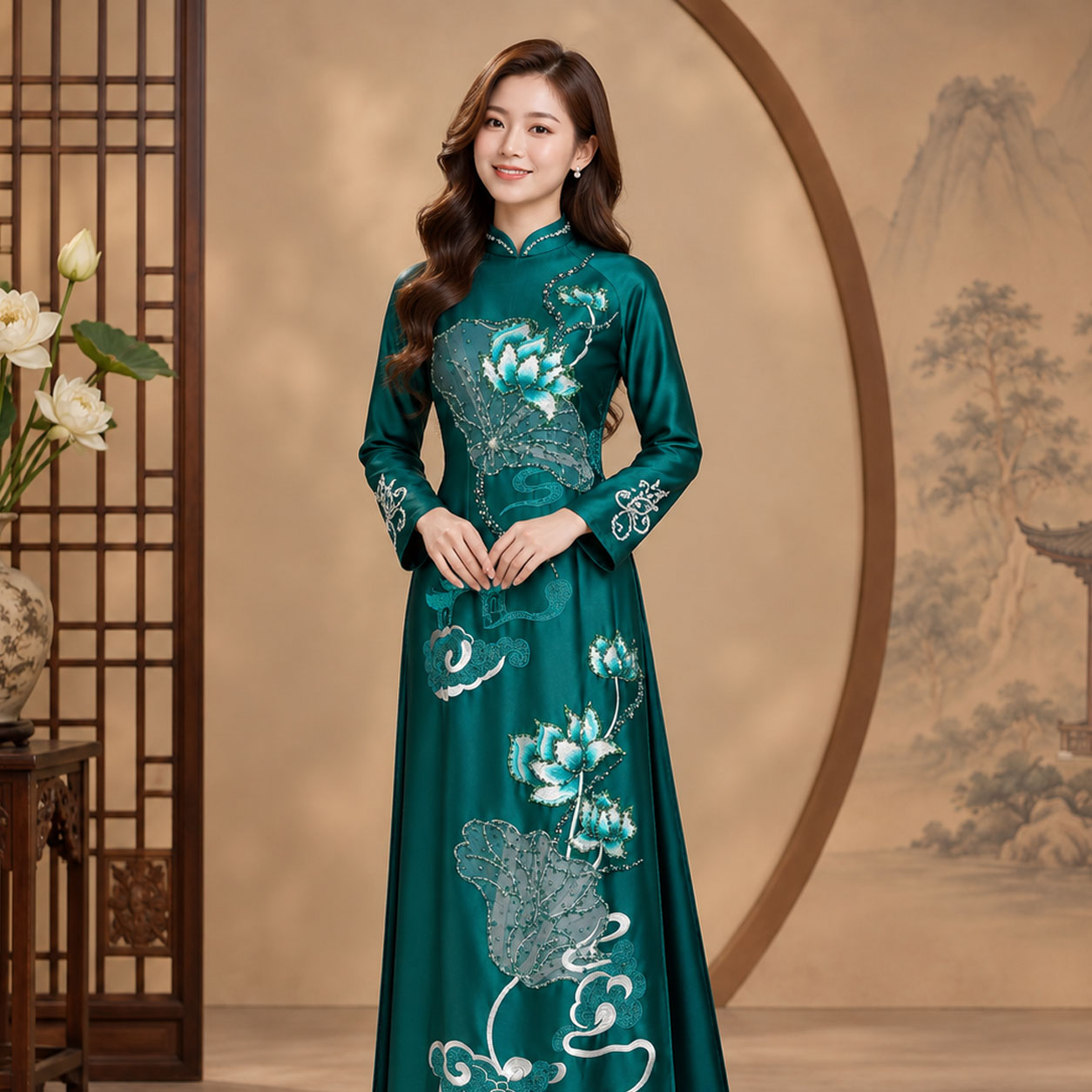 Áo Dài Mẹ Cô Dâu Chú Rể Ruby Thêu Hoa Sen Cao Cấp AM26-19_thumbnail_3