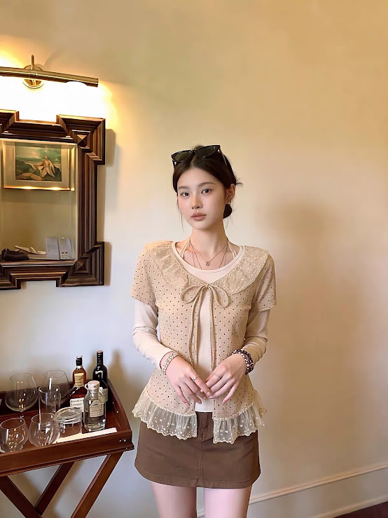 Lucas - Set áo thun dài tay + áo len chấm bi cộc tay buộc nơ viền ren cổ và gấu áo