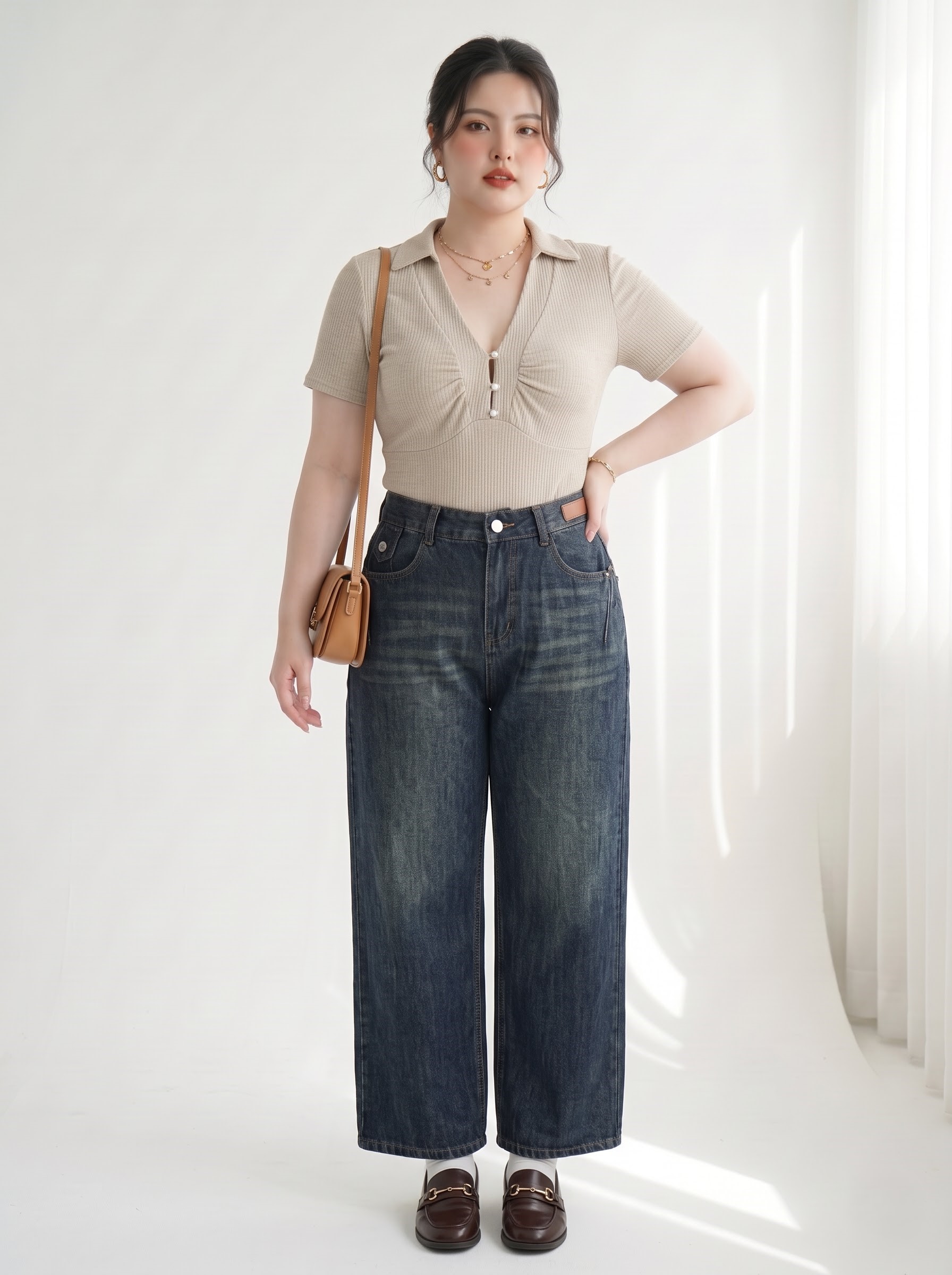 Quần Jean Suông Lưng Thun Bigsize Nữ Dài 103–105cm - Xanh Nhạt/Xanh Đậm - Vừa 58–90kg - T-QJ640