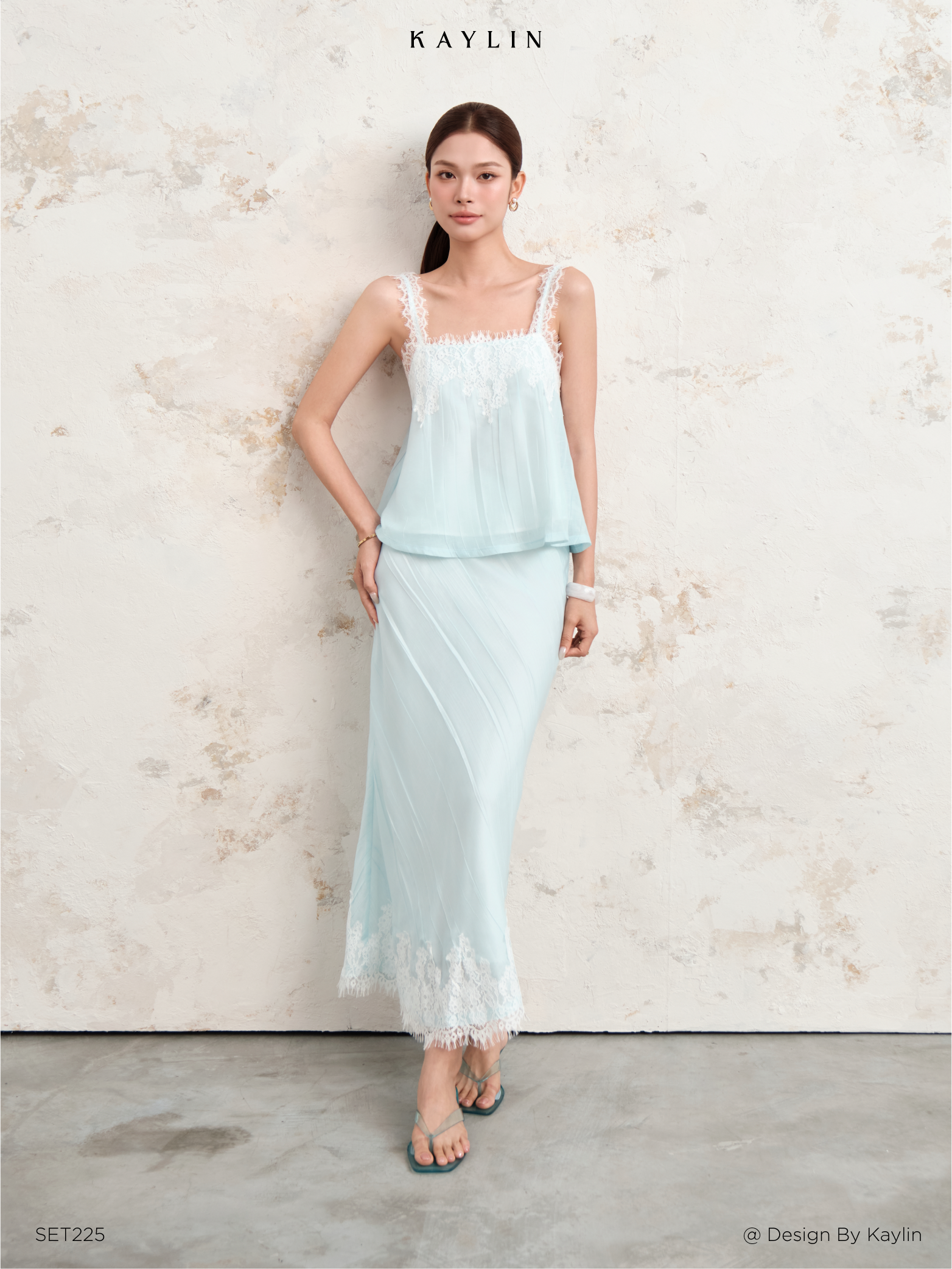 Set Tơ Voan Phối Ren Chân Váy Dài  KAYLIN  Celeste Lace Set