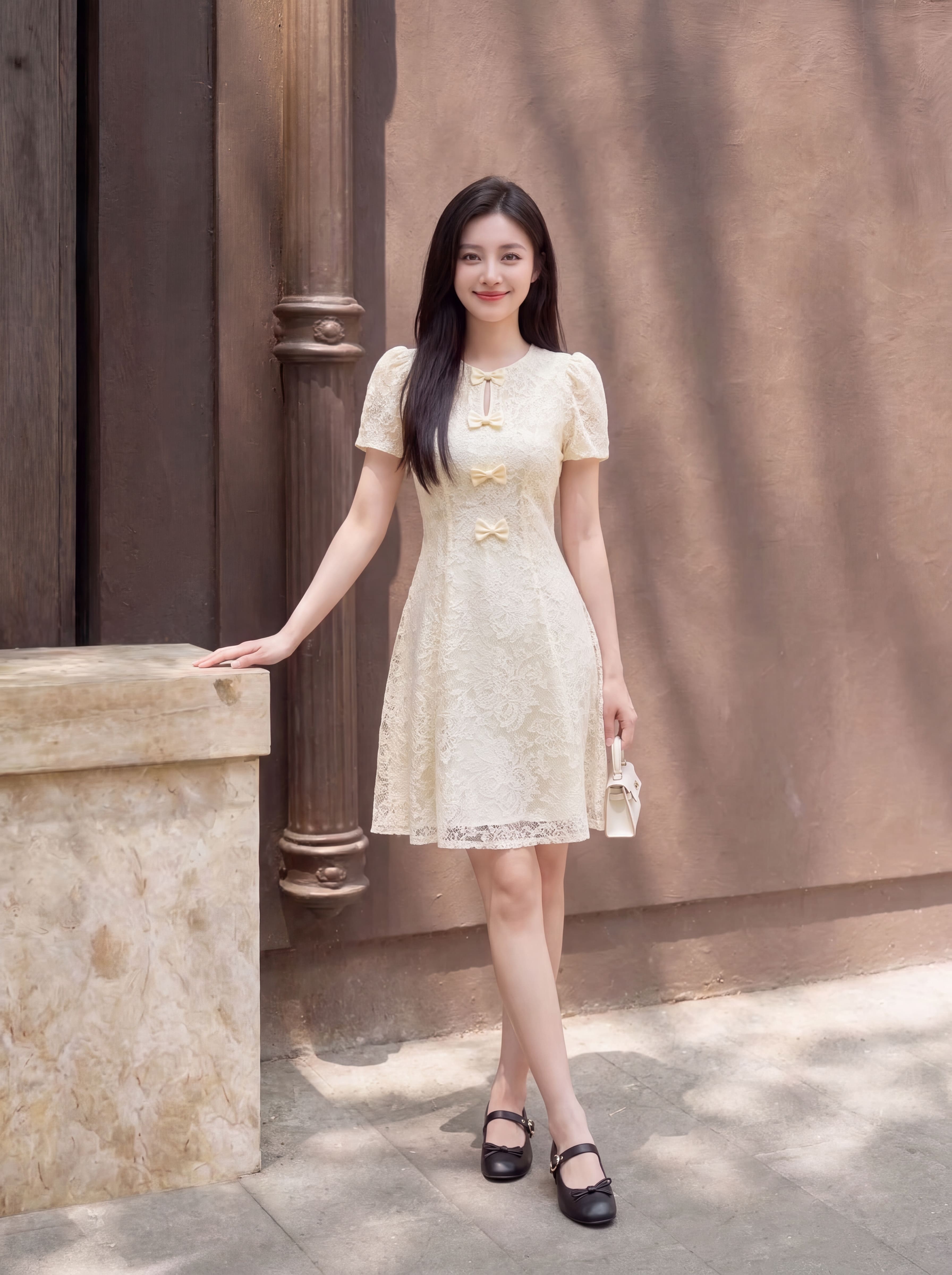 Váy ren cộc tay phối nơ 607001