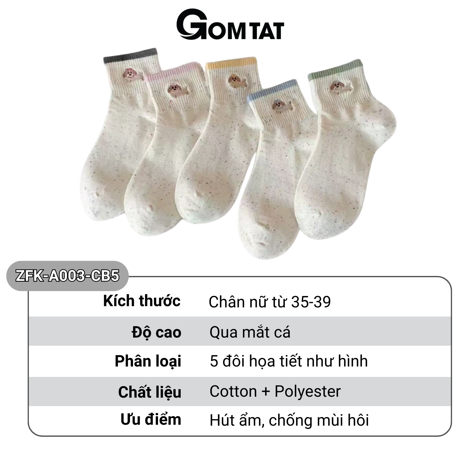 Set 5 đôi tất nữ cổ ngắn họa tiết cún GOMTAT, chất liệu cotton cao cấp mềm mịn, hút ẩm thoáng khí - ZFK-A003_thumbnail_9