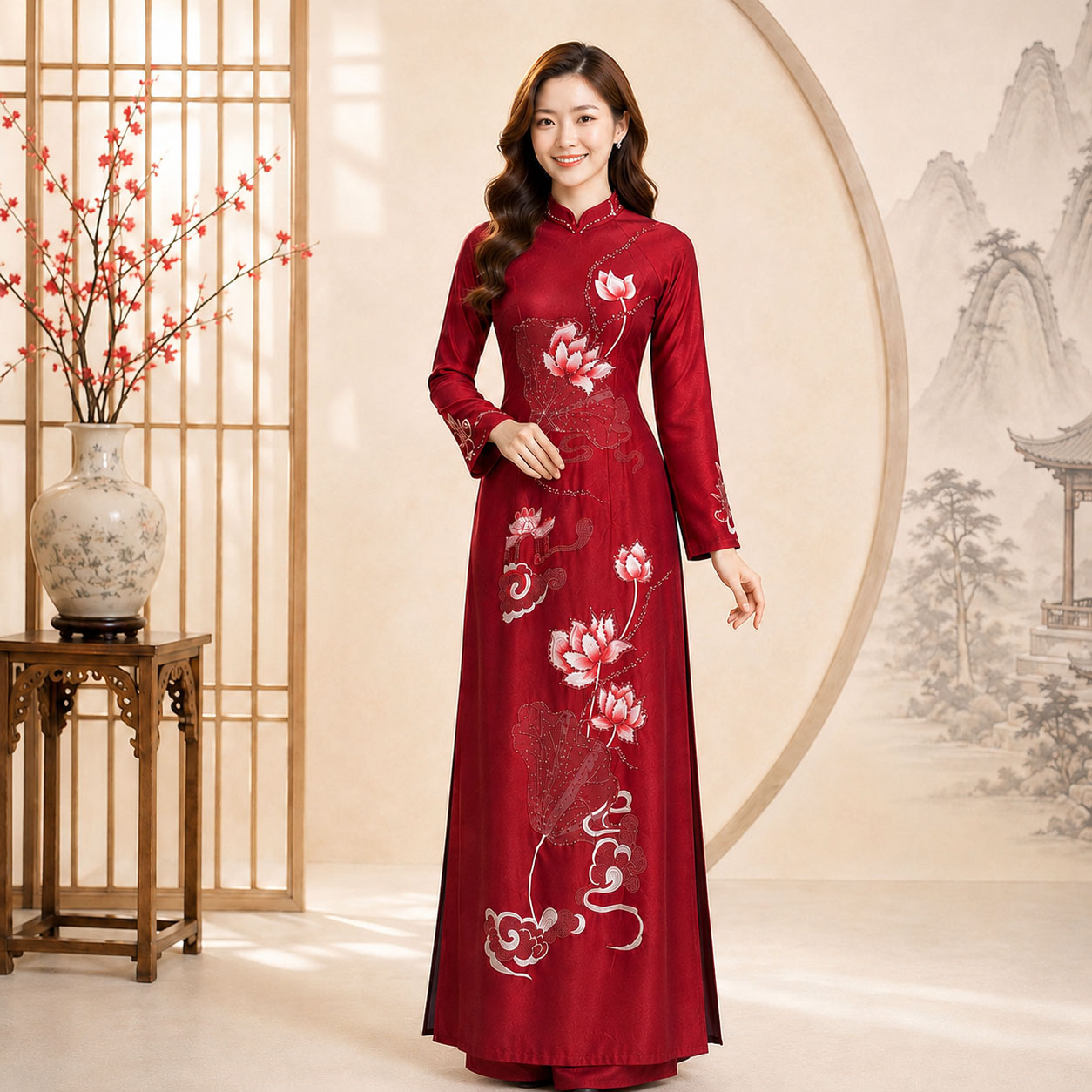 Áo Dài Mẹ Cô Dâu Chú Rể Đỏ Ruby Thêu Hoa Sen Sang Trọng – Ruby Cao Cấp AM26-18_thumbnail_4
