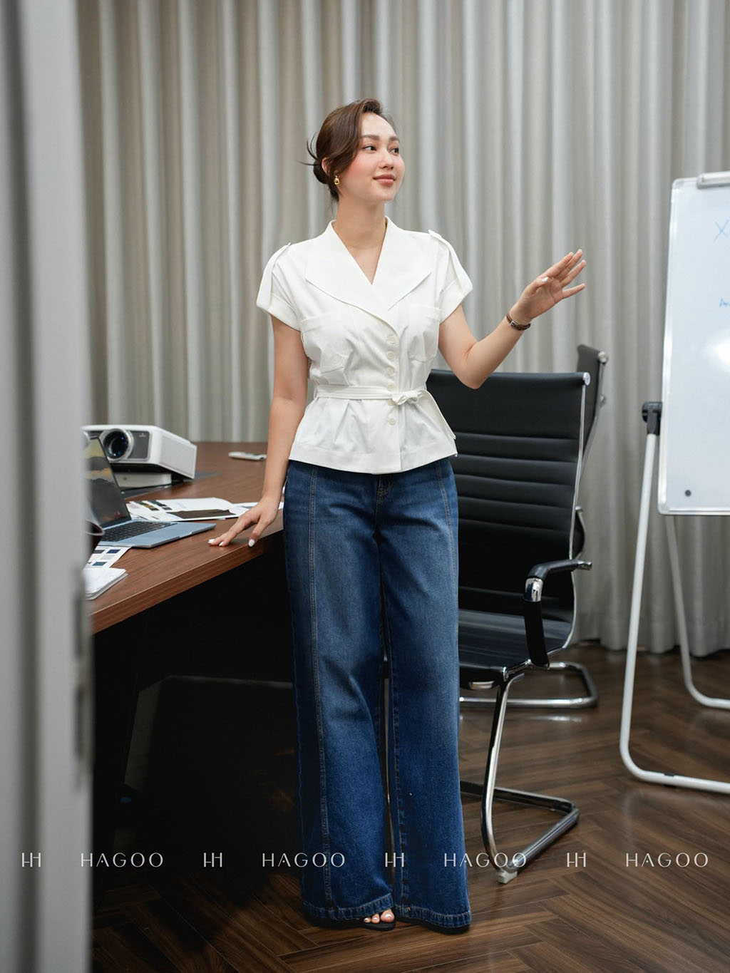 Sơ mi Kaki tay liền cổ cánh nhạn, đai eo HAGOO_thumbnail_4
