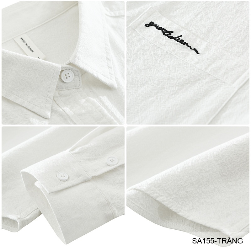 SA155 - Áo sơ mi nam dài tay phong cách Nhật, dáng rộng, thêu ngực, màu trắng đen_thumbnail_2