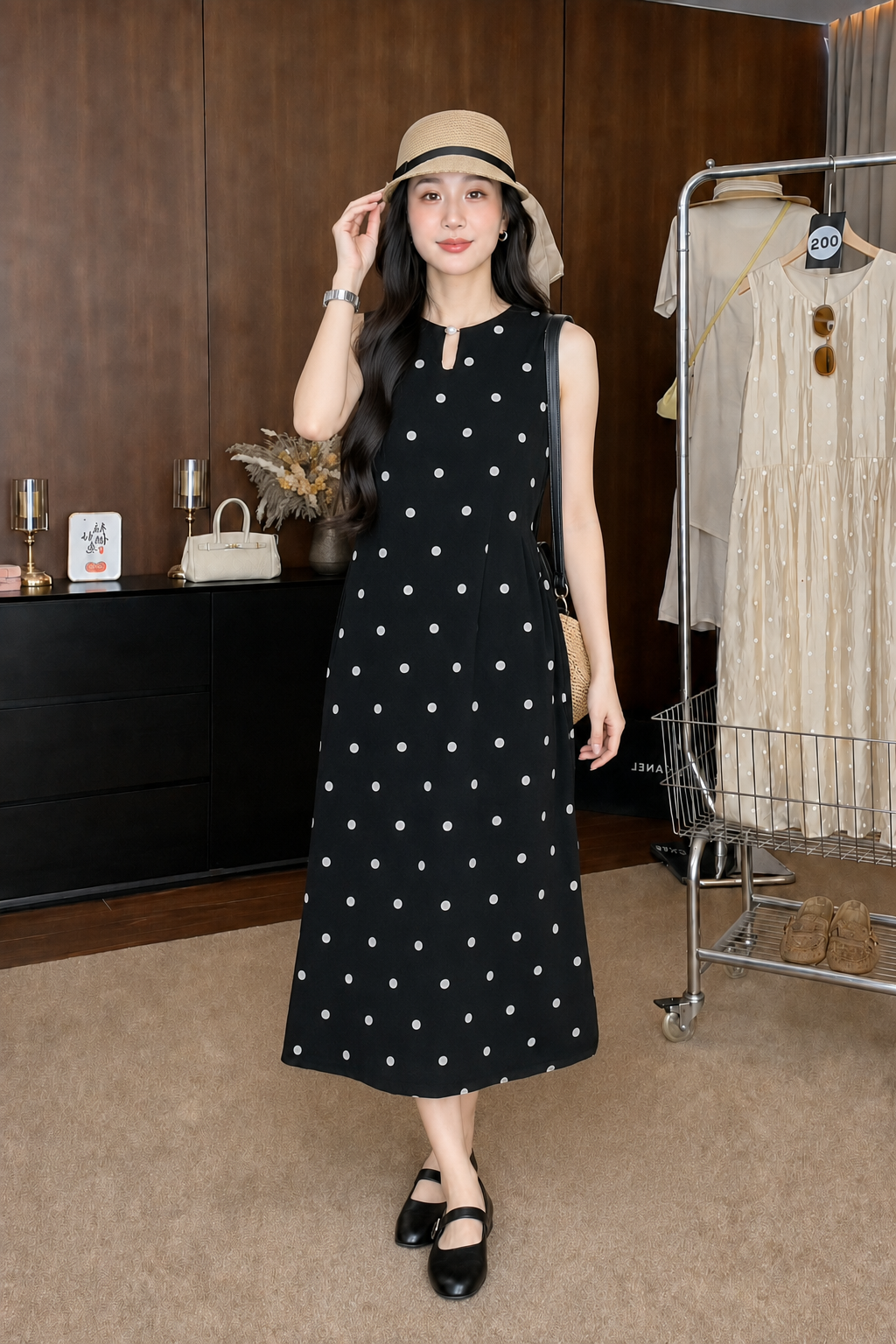 MV123 - Đầm Đen Chấm Bi Dáng Xòe Thanh Lịch