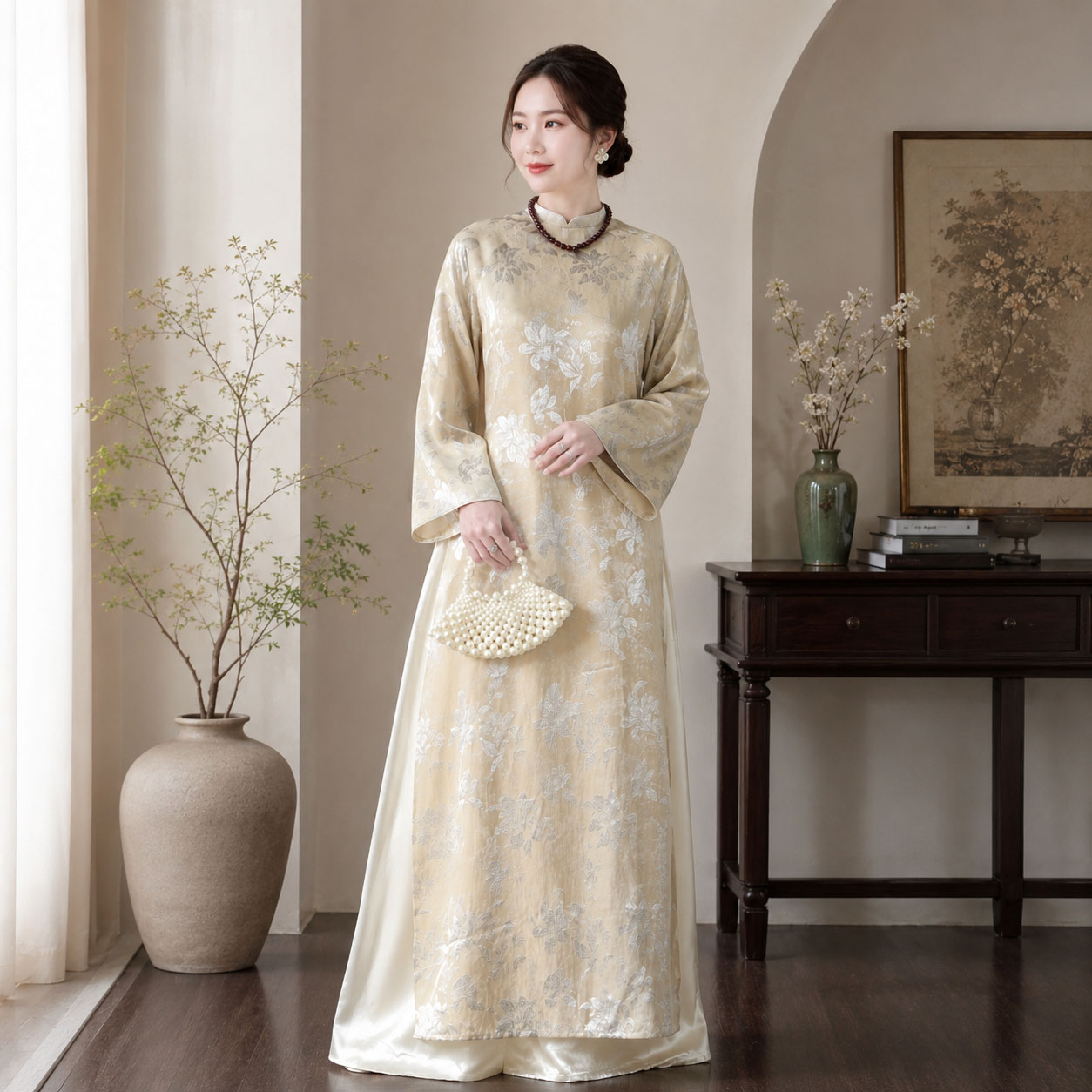 Áo Dài Cách Tân Nữ Dáng Suông Gấm Haiza Họa Tiết 2 Tà CT27-01_thumbnail_6