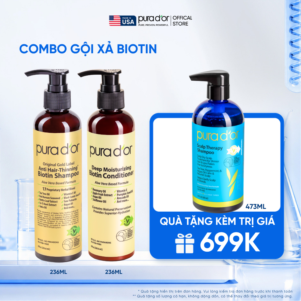 Combo Gội - Xả Biotin Pura D'or Original Gold Label & Deep Moisturizing Chăm Sóc Da Đầu, Dưỡng Ẩm Chuyên Sâu 236ml