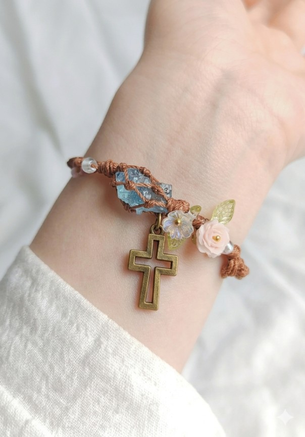 Vòng Tay Công Giáo Handmade Vintage Mix Đá Aqua - Vòng Đeo Tay Thánh Giá Thời Trang Freesize VDT79