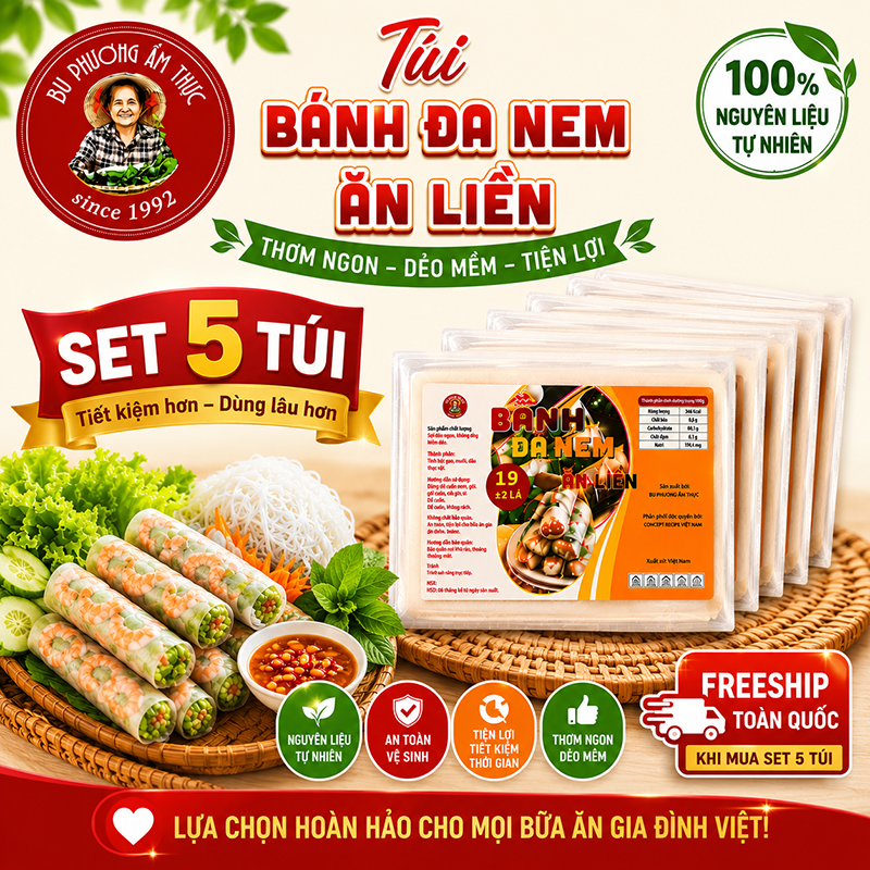 Combo 5 Túi Bánh Đa Nem Ăn Liền Bu Phương – Cuốn Gỏi, Bánh Xèo, Nem & Hải Sản Tiện Lợi - BP46