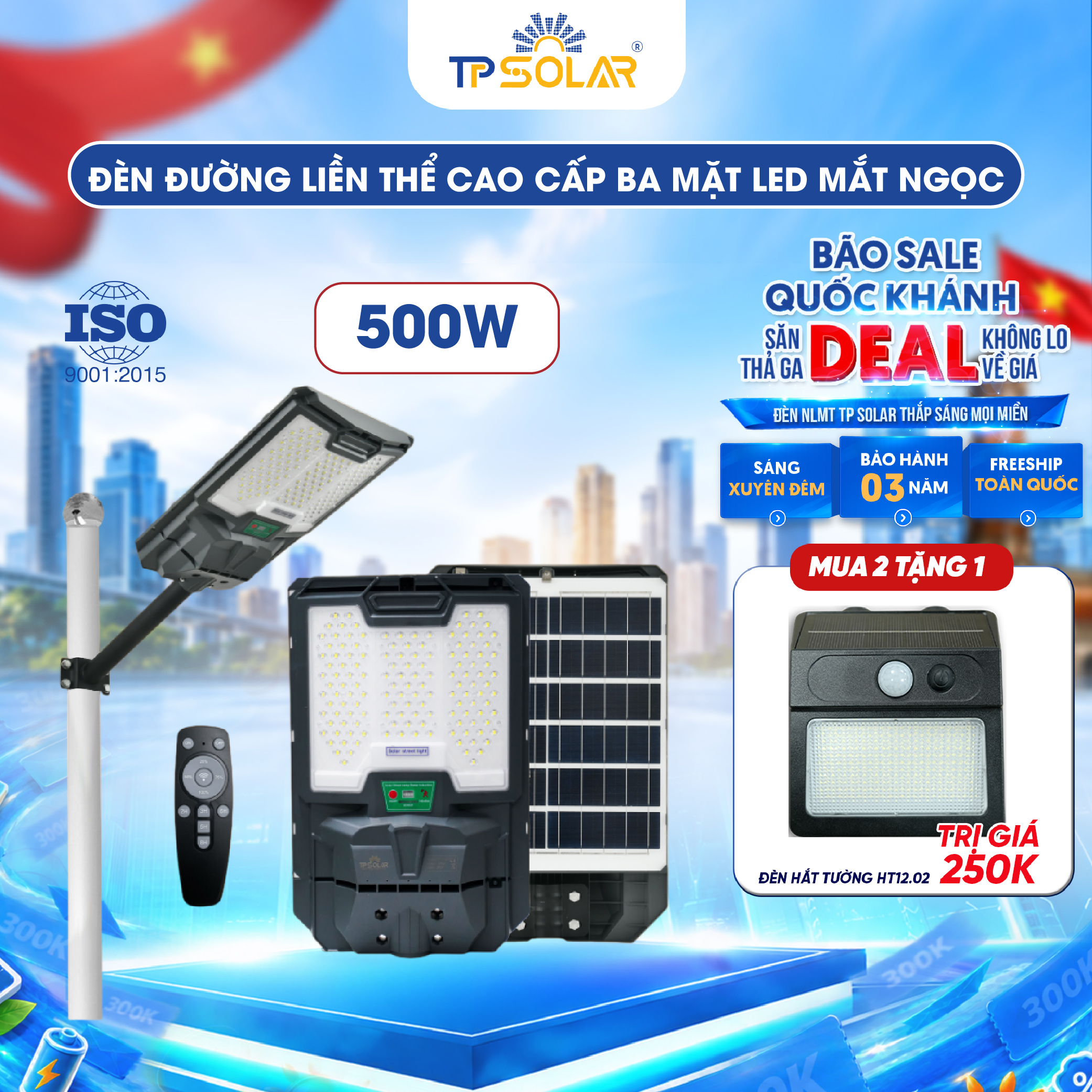 Đèn đường liền thể cao cấp 3 mặt LED mắt ngọc năng lượng mặt trời TP SOLAR LT11
