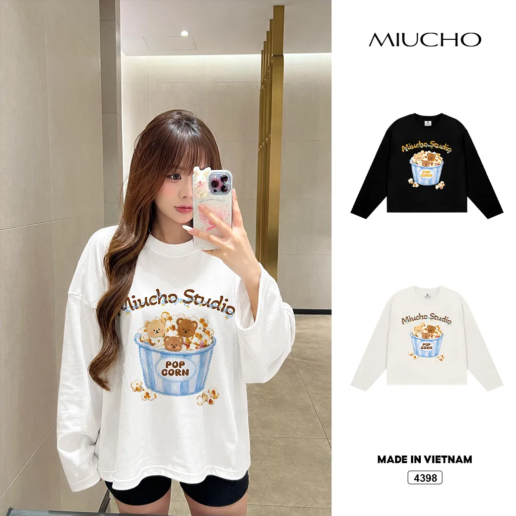 Áo thun tay dài nữ popcorn bear form boxy Miucho 4398