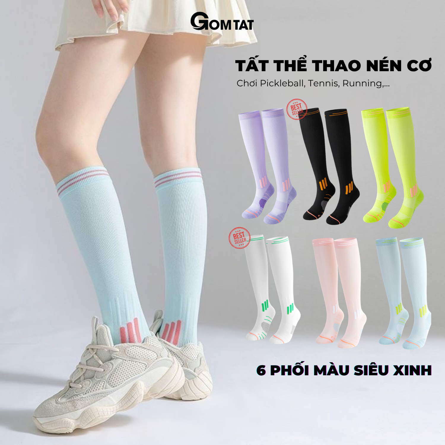 Combo tất nén cơ cao cổ GOMTAT chơi Pickleball, vớ nữ thể thao nén bắp chân, chịu lực, giảm mỏi chân, hỗ trợ vận động-OAS-1705